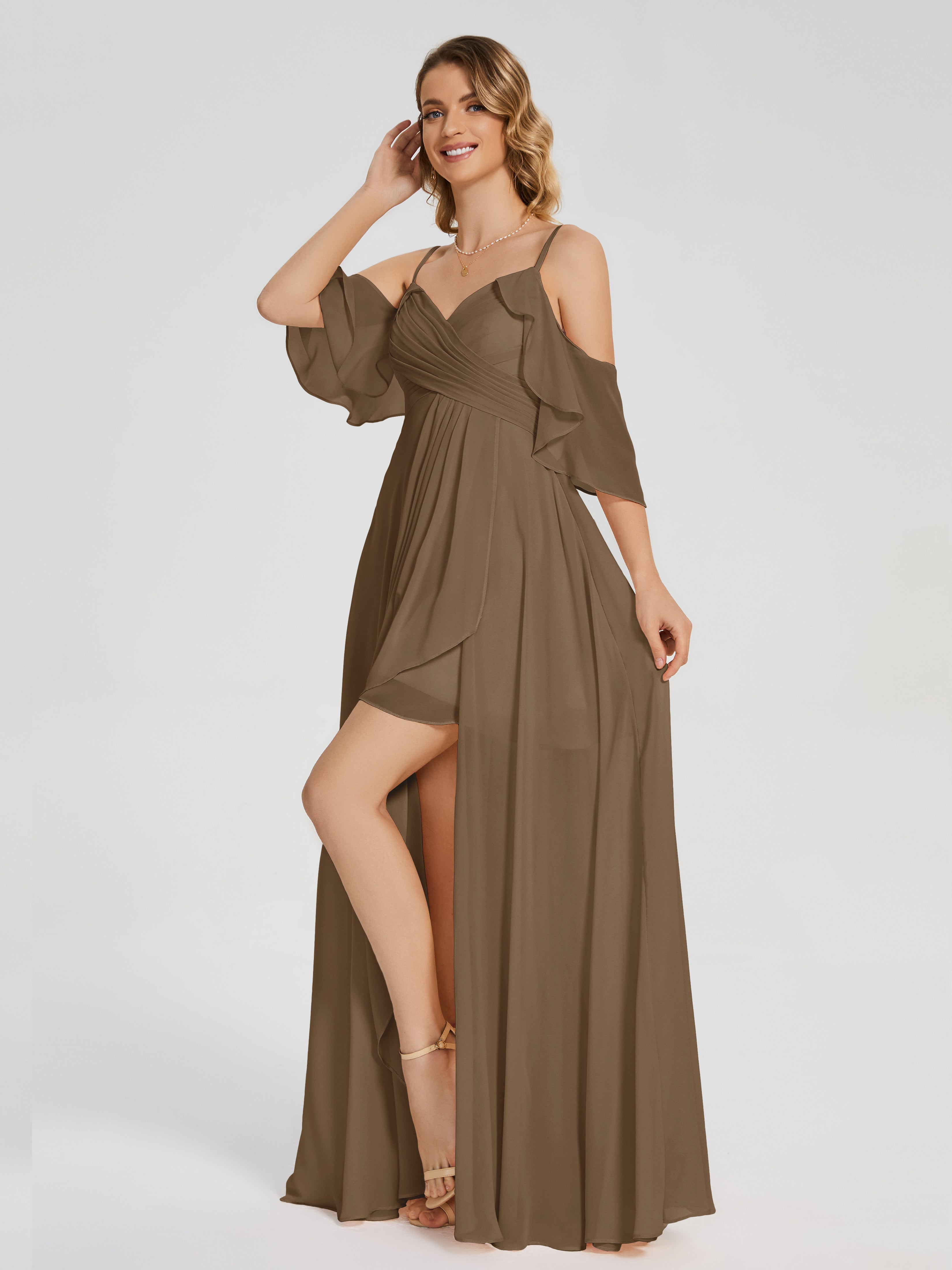 Robe De Demoiselle D'Honneur Moka Asymétrique Hors-La-Épaule Mousseline Robes Demoiselle D'Honneur