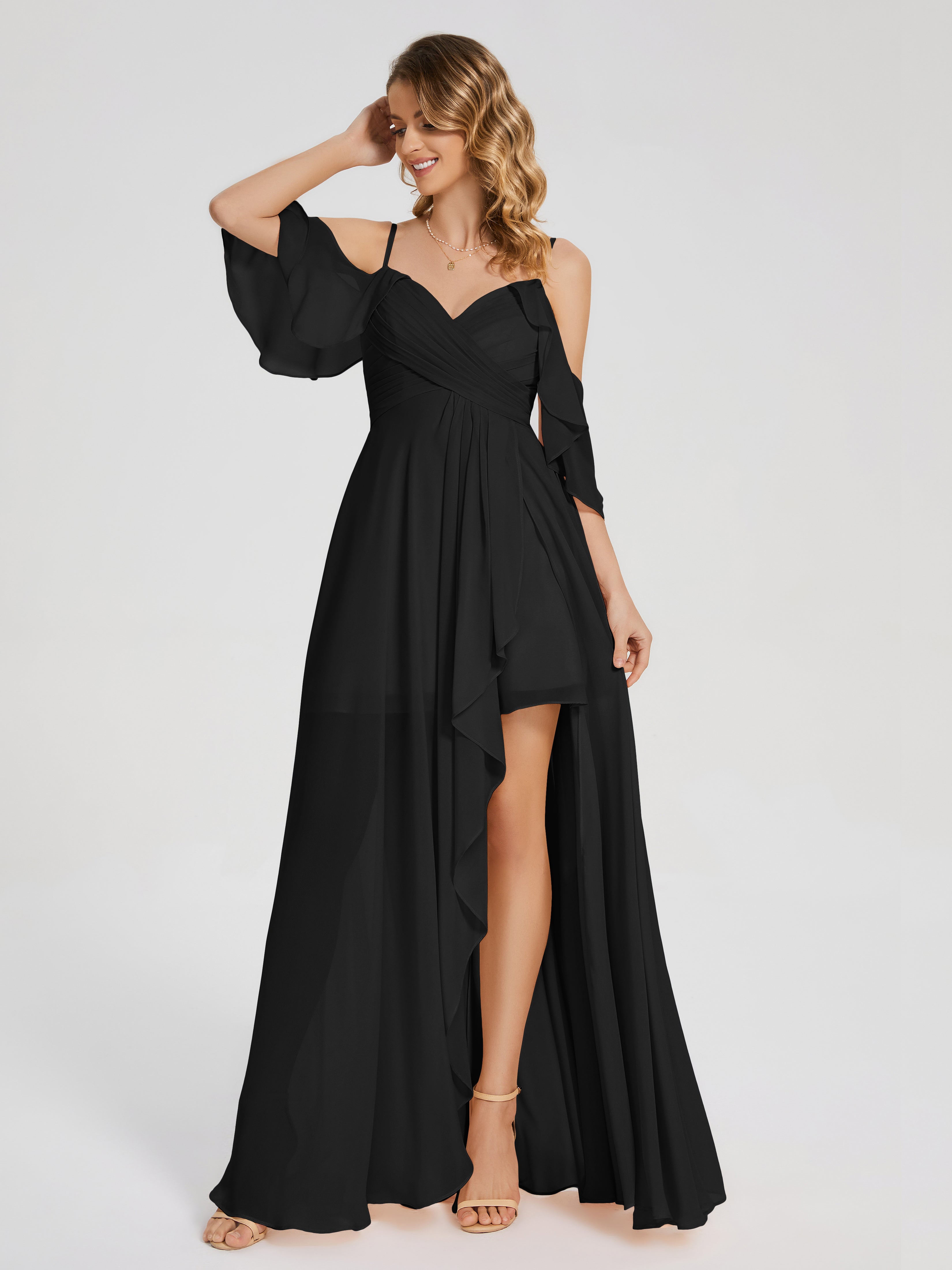Robes De Demoiselle D'Honneur Noires Bon Marché Asymétrique Hors-La-Épaule Mousseline Robes Demoiselle D'Honneur