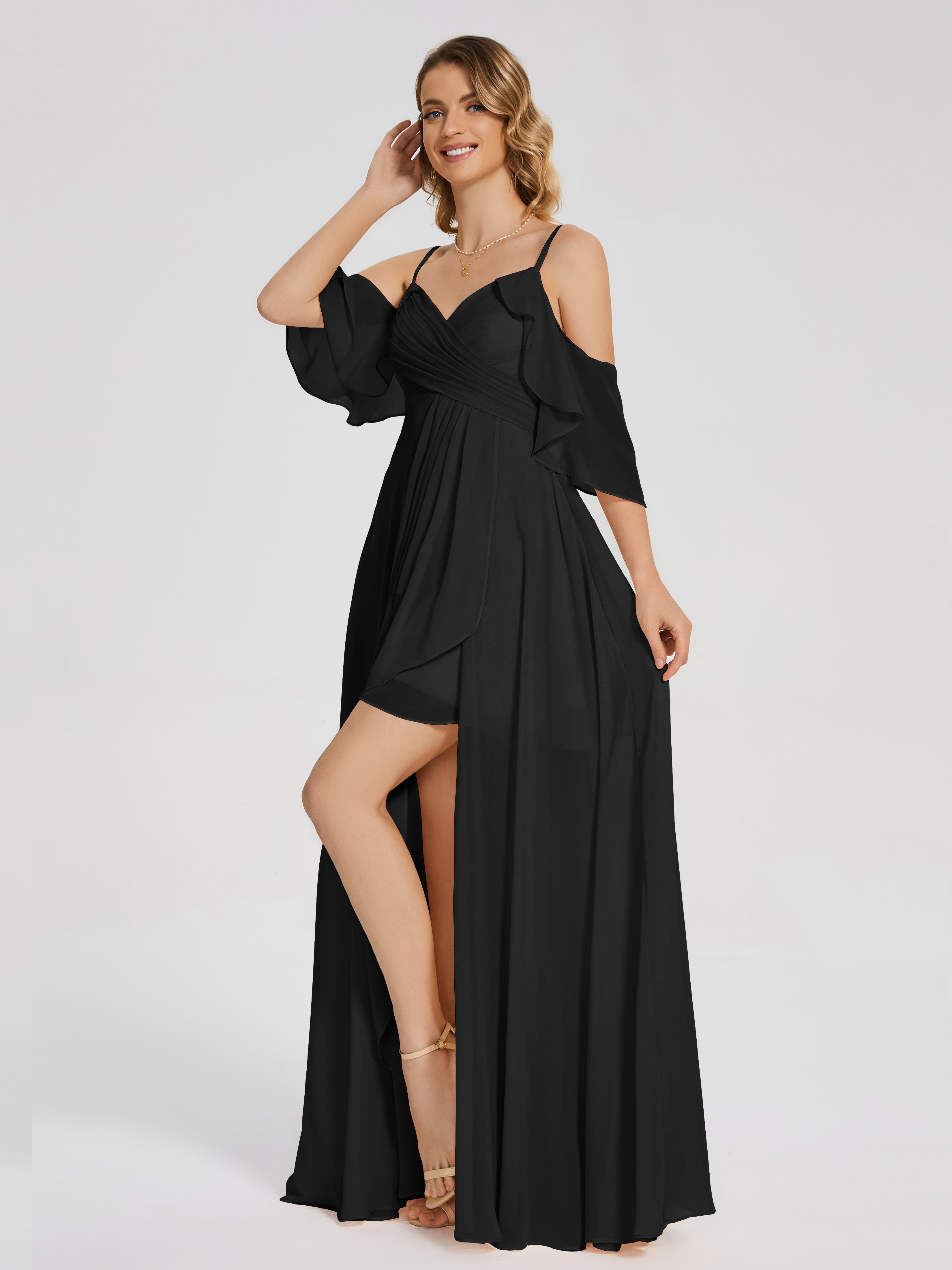 Robes De Demoiselle D'Honneur Noires Bon Marché Asymétrique Hors-La-Épaule Mousseline Robes Demoiselle D'Honneur
