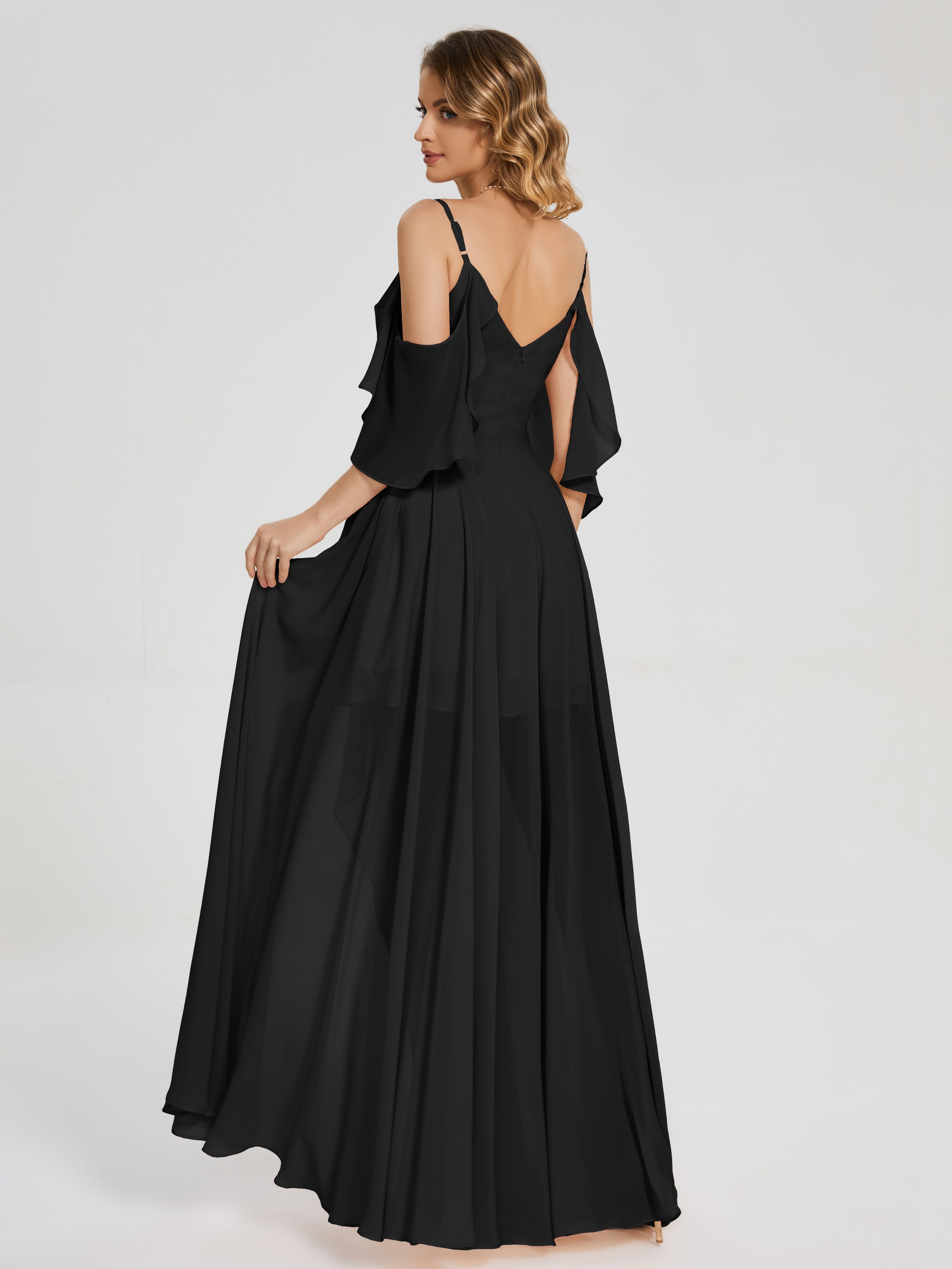 Robes De Demoiselle D'Honneur Noires Bon Marché Asymétrique Hors-La-Épaule Mousseline Robes Demoiselle D'Honneur