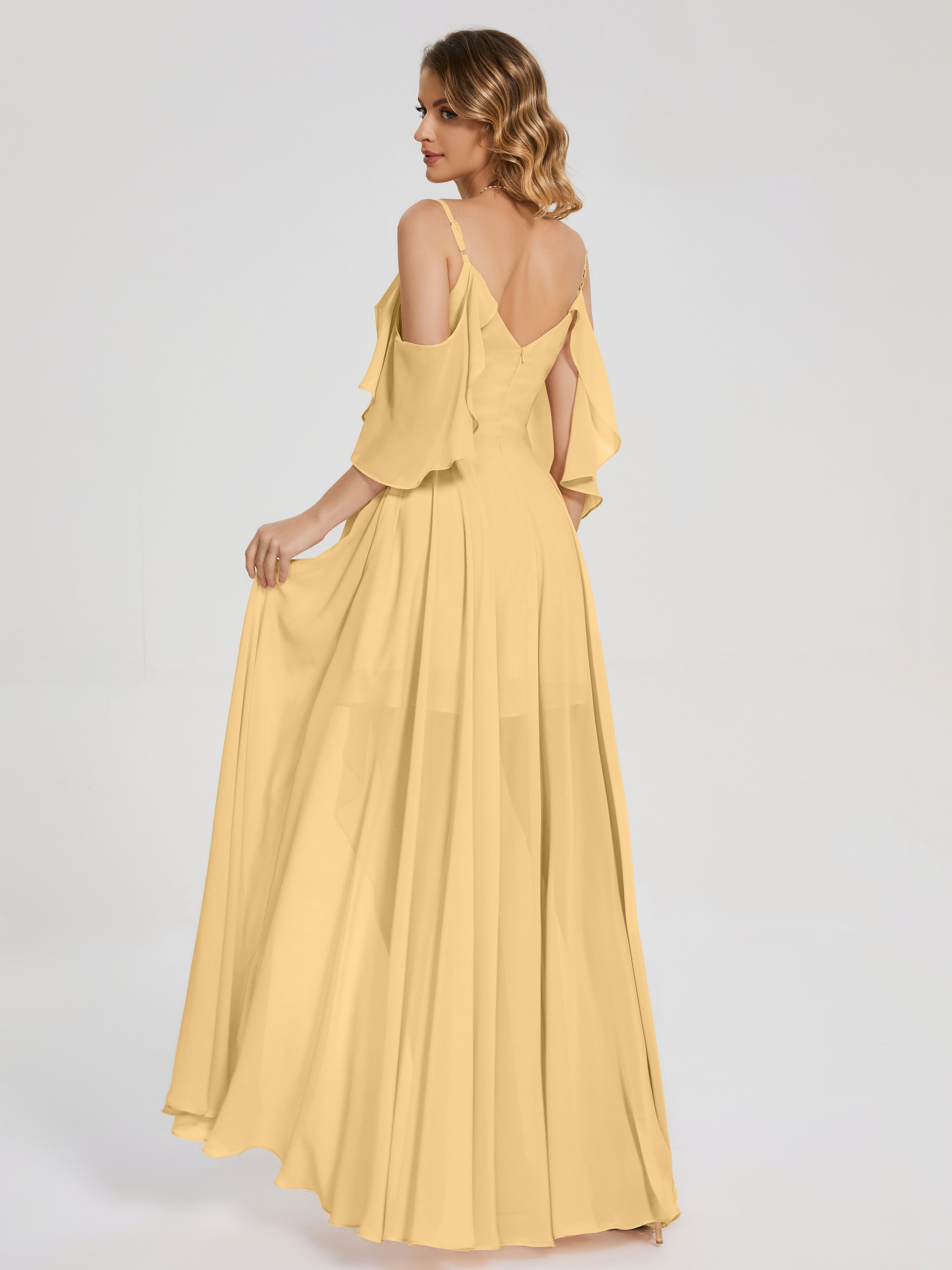 Robe De Demoiselle D'Honneur En Or Asymétrique Hors-La-Épaule Mousseline Robes Demoiselle D'Honneur