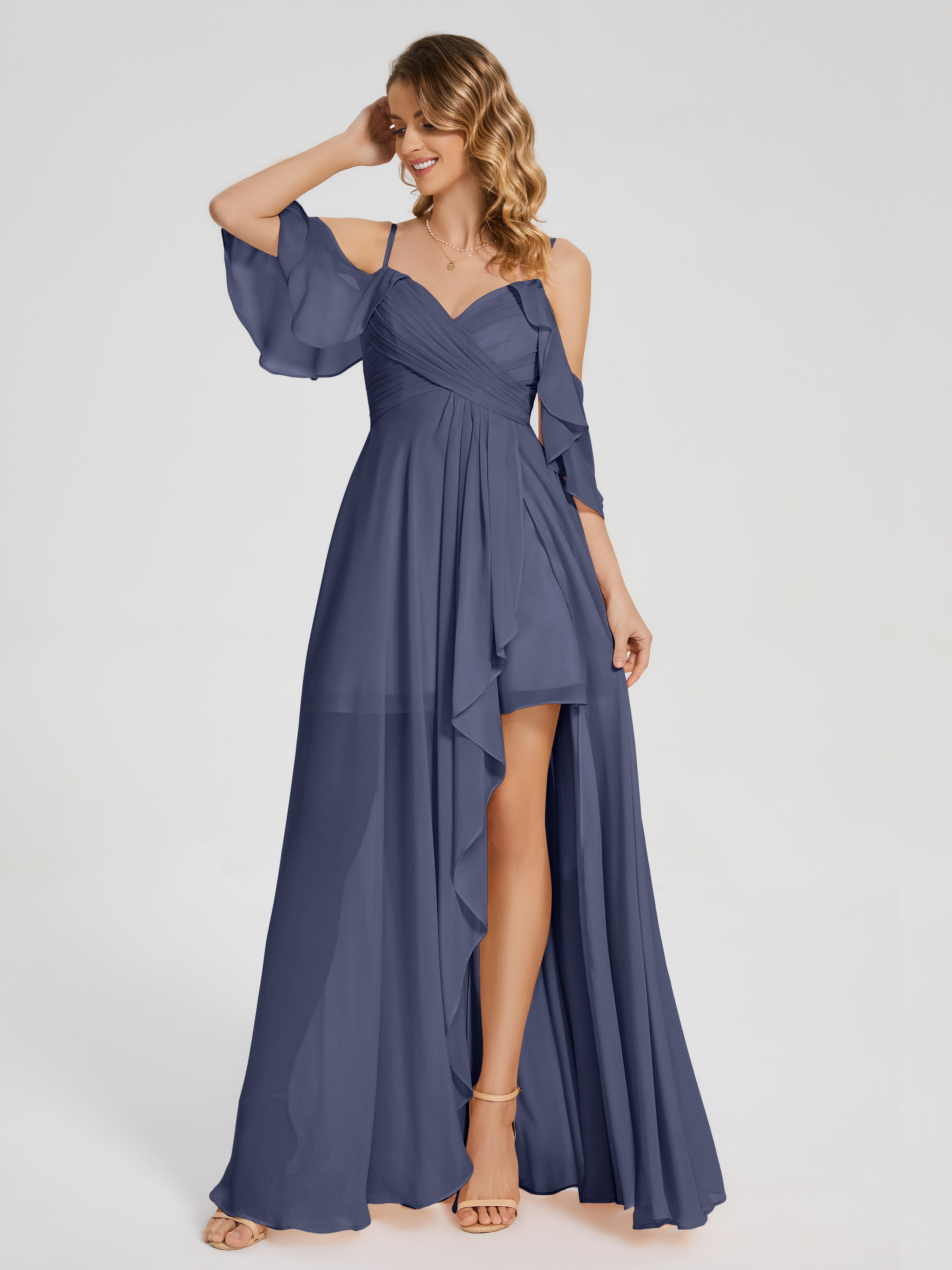Robes De Demoiselle D'Honneur Bleu Orageux Asymétrique Hors-La-Épaule Mousseline Robes Demoiselle D'Honneur
