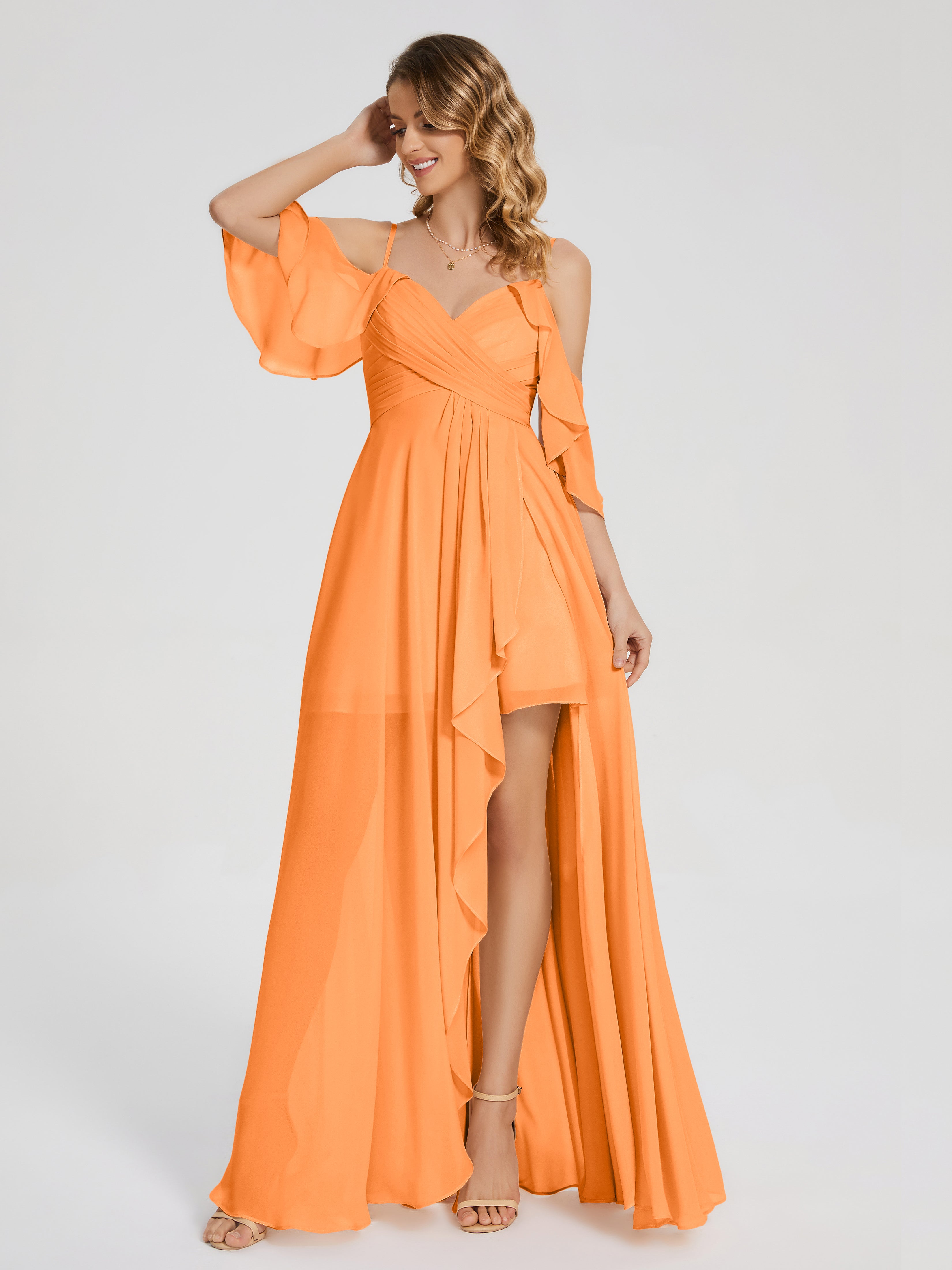 Robe Mousseline Orange Asymétrique Hors-La-Épaule Mousseline Robes Demoiselle D'Honneur
