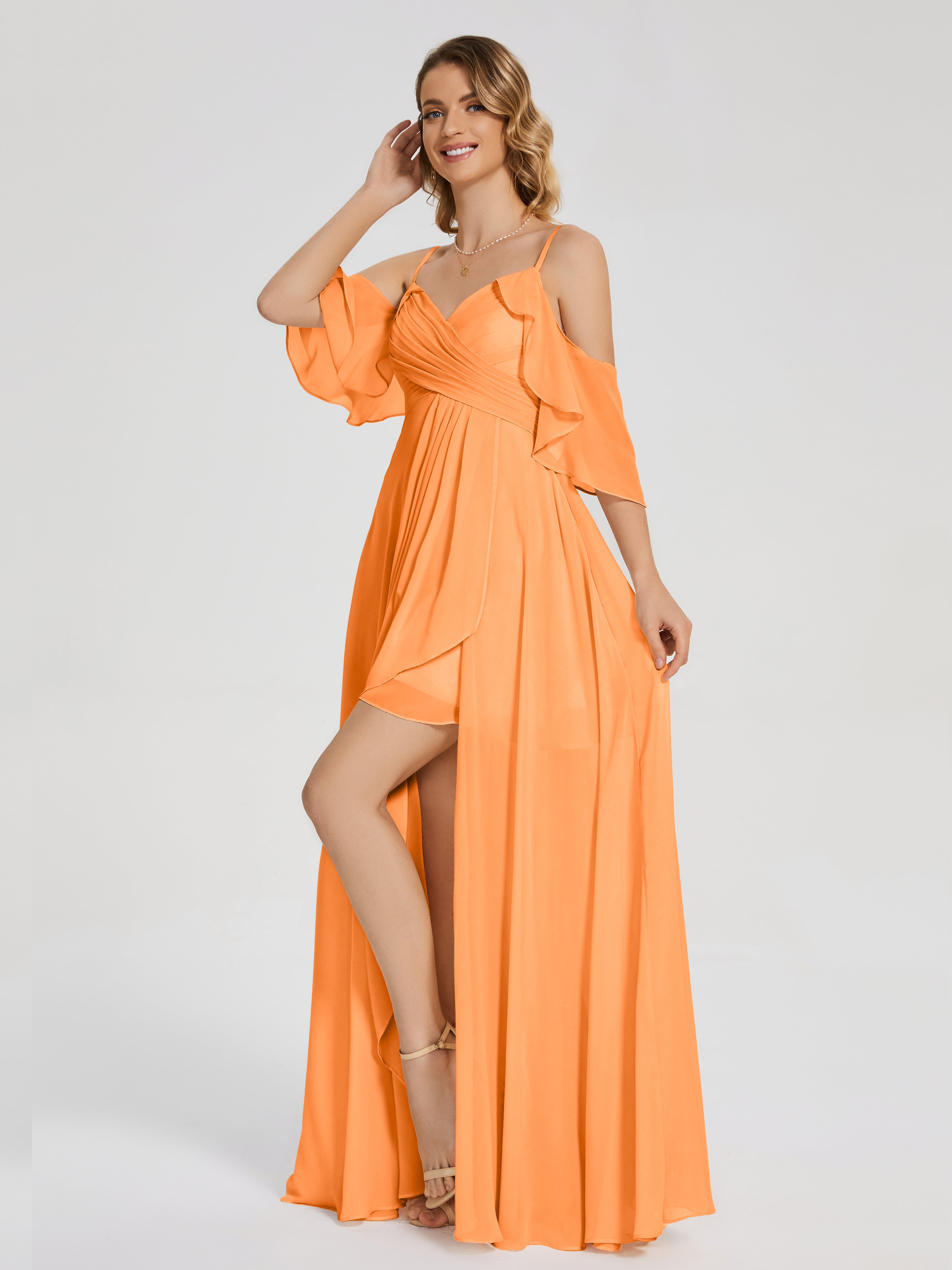 Robe Mousseline Orange Asymétrique Hors-La-Épaule Mousseline Robes Demoiselle D'Honneur