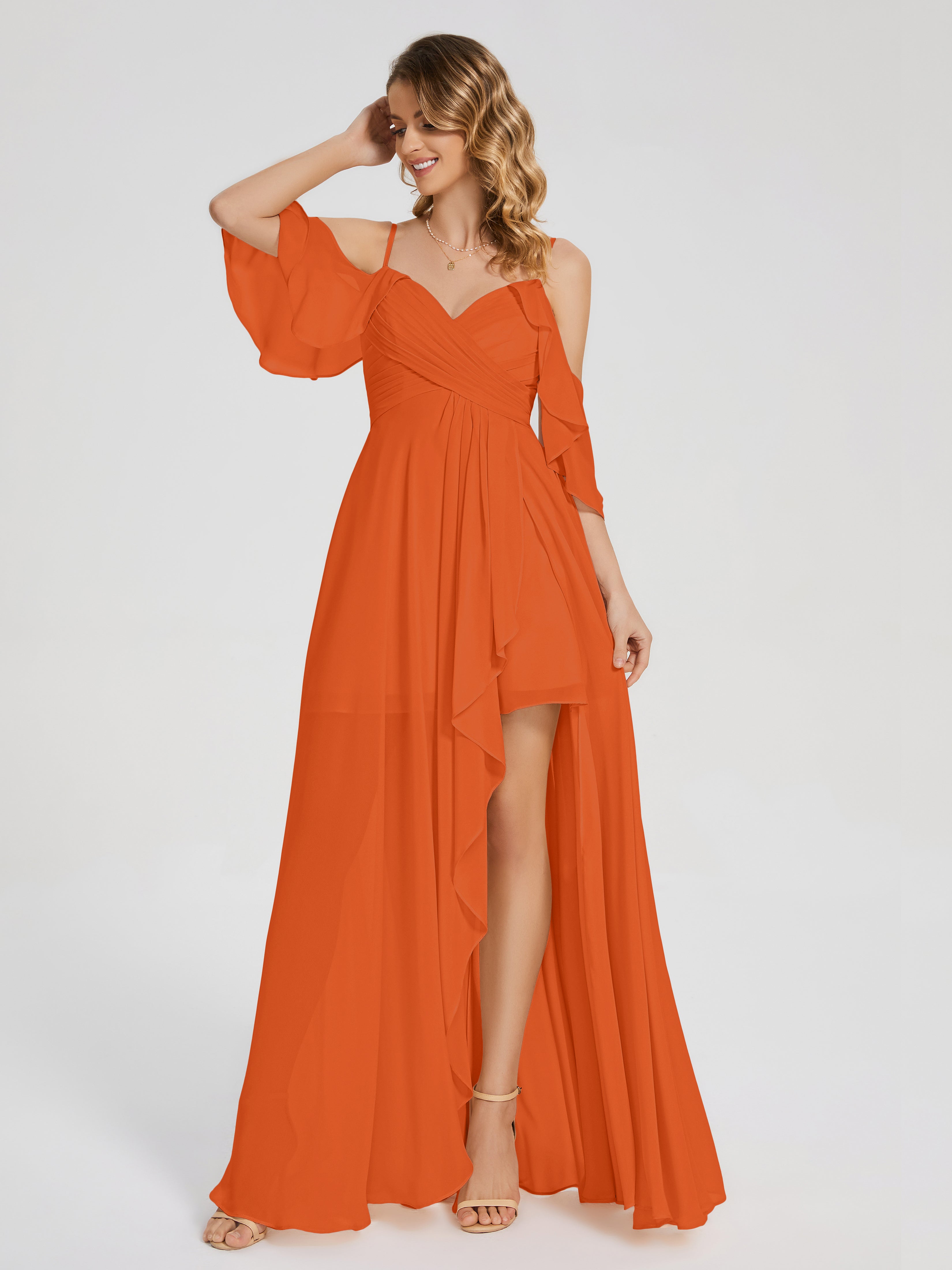 Robes De Demoiselle D'Honneur Orange Brûlé Asymétrique Hors-La-Épaule Mousseline Robes Demoiselle D'Honneur