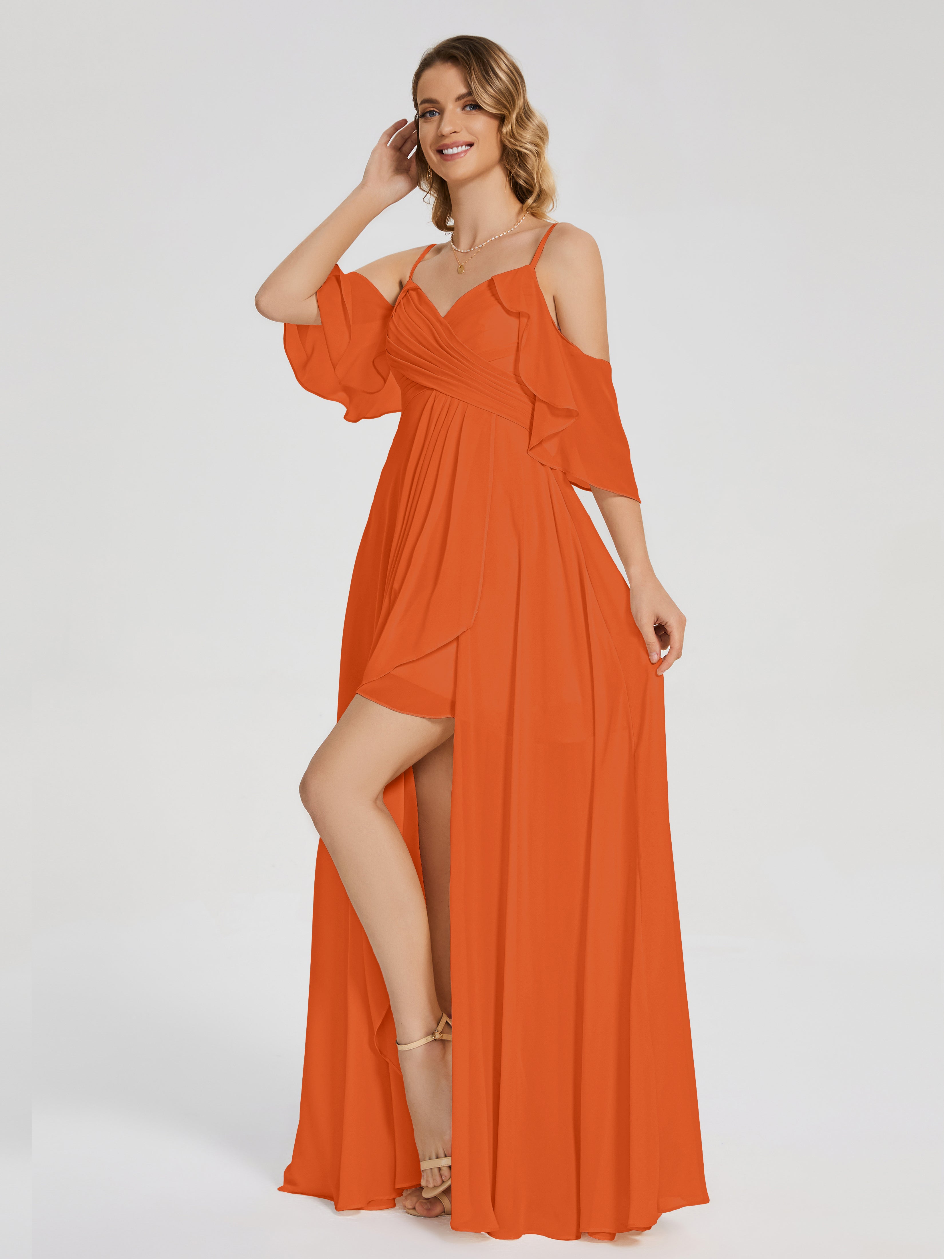 Robes De Demoiselle D'Honneur Orange Brûlé Asymétrique Hors-La-Épaule Mousseline Robes Demoiselle D'Honneur