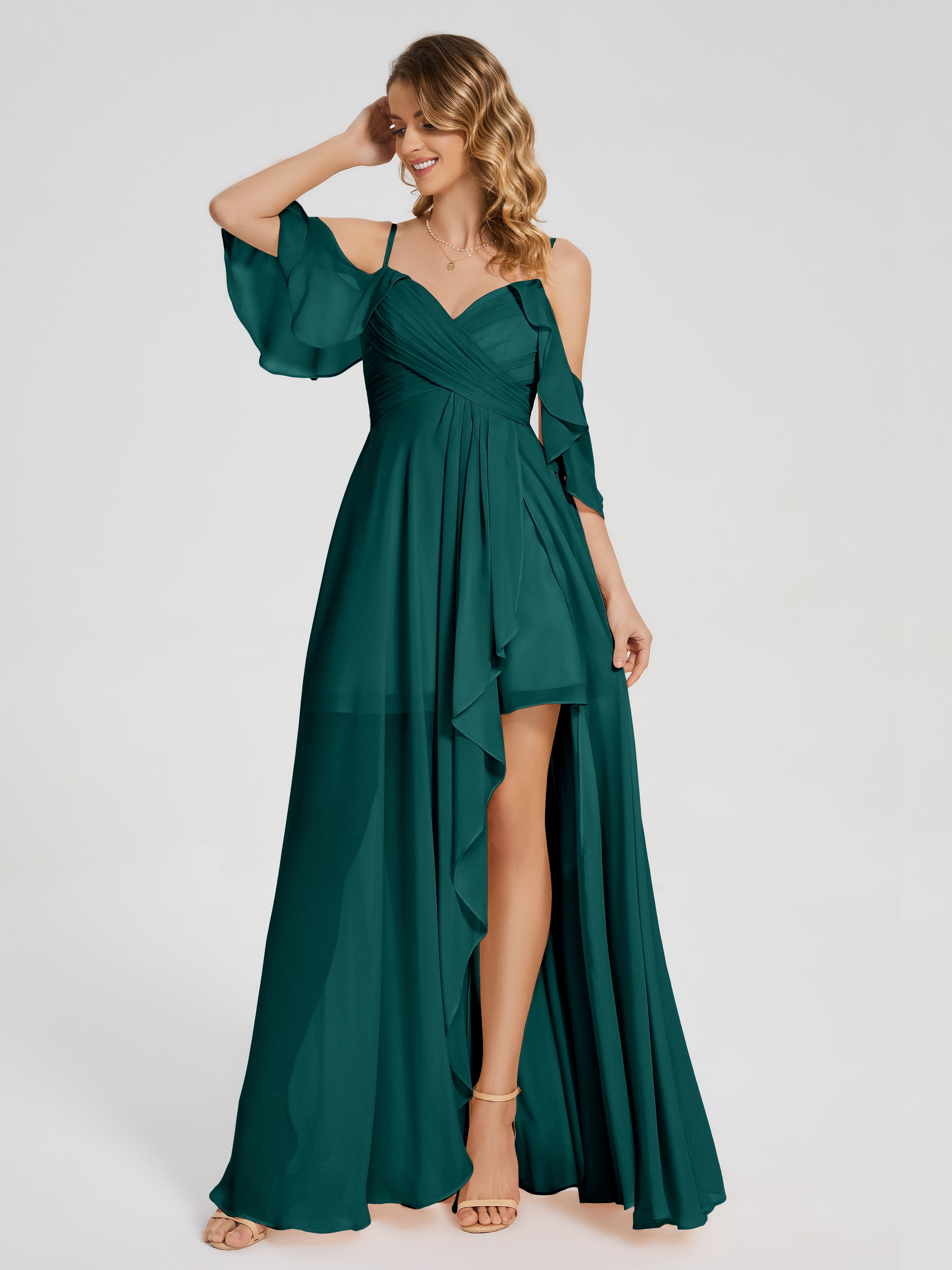 Robes De Demoiselle D'Honneur Couleur Paon Asymétrique Hors-La-Épaule Mousseline Robes Demoiselle D'Honneur