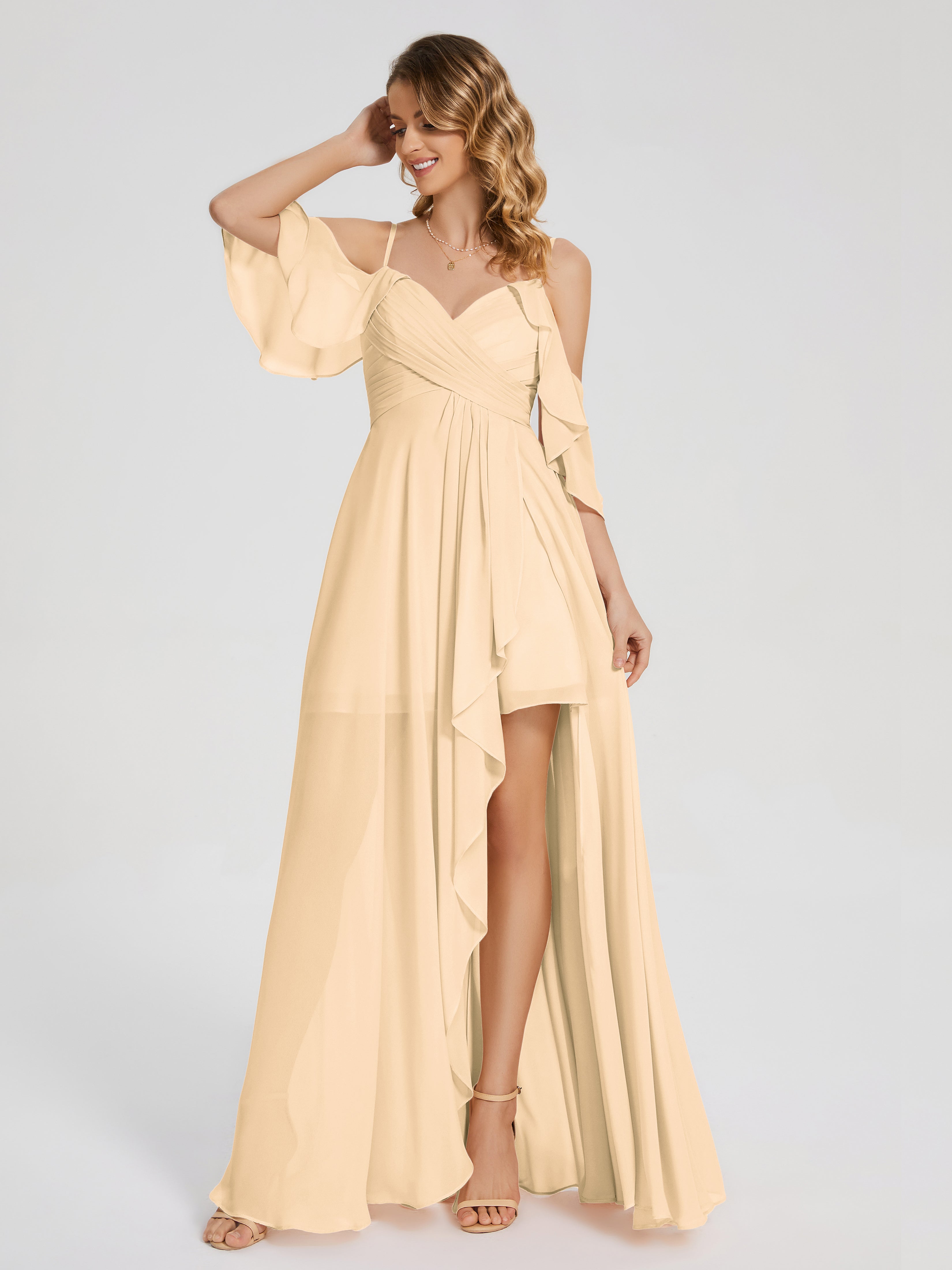 Robes De Demoiselle D'Honneur Pêche Asymétrique Hors-La-Épaule Mousseline Robes Demoiselle D'Honneur
