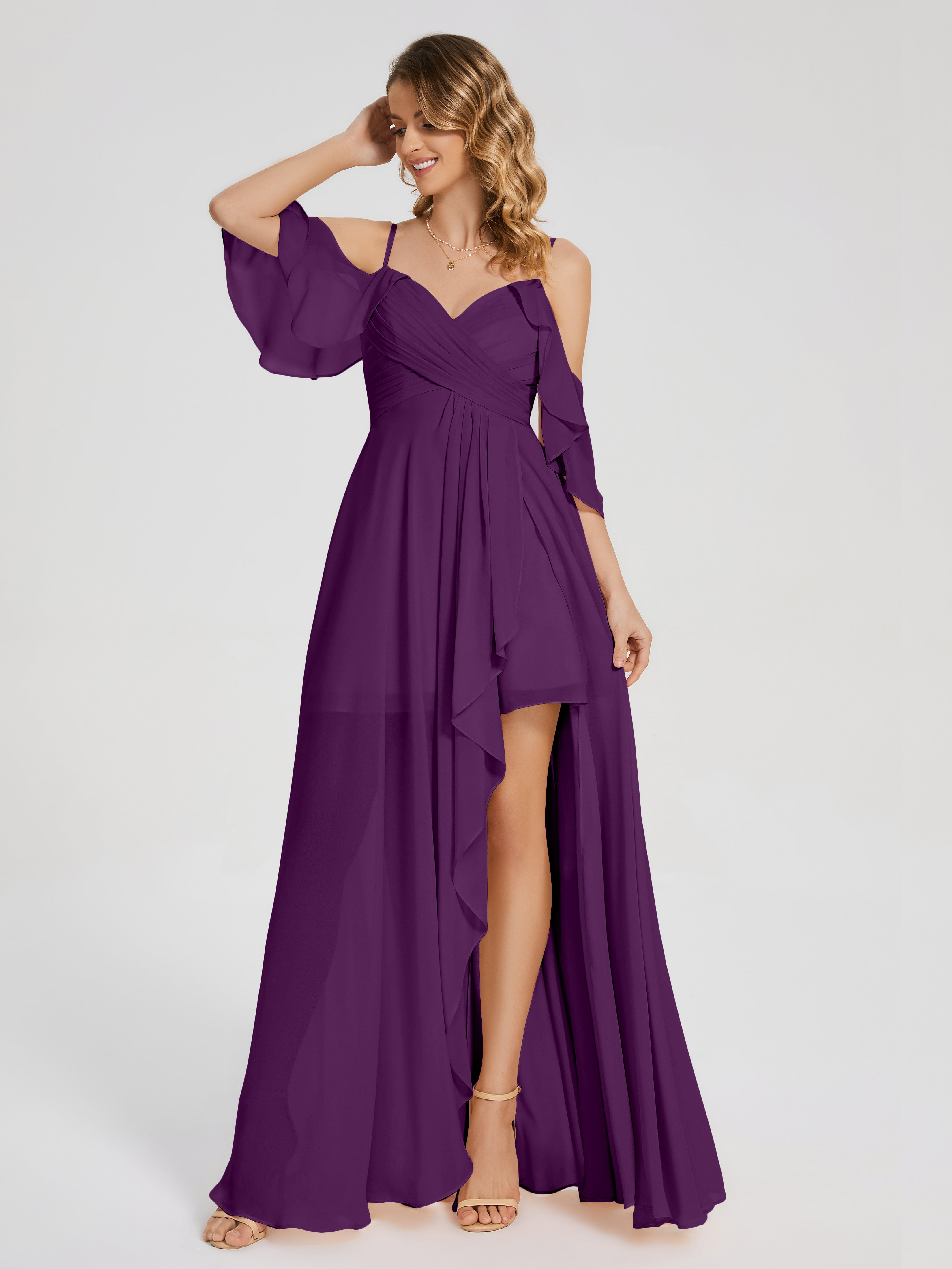 Robes De Demoiselle D'Honneur En Raisin Asymétrique Hors-La-Épaule Mousseline Robes Demoiselle D'Honneur
