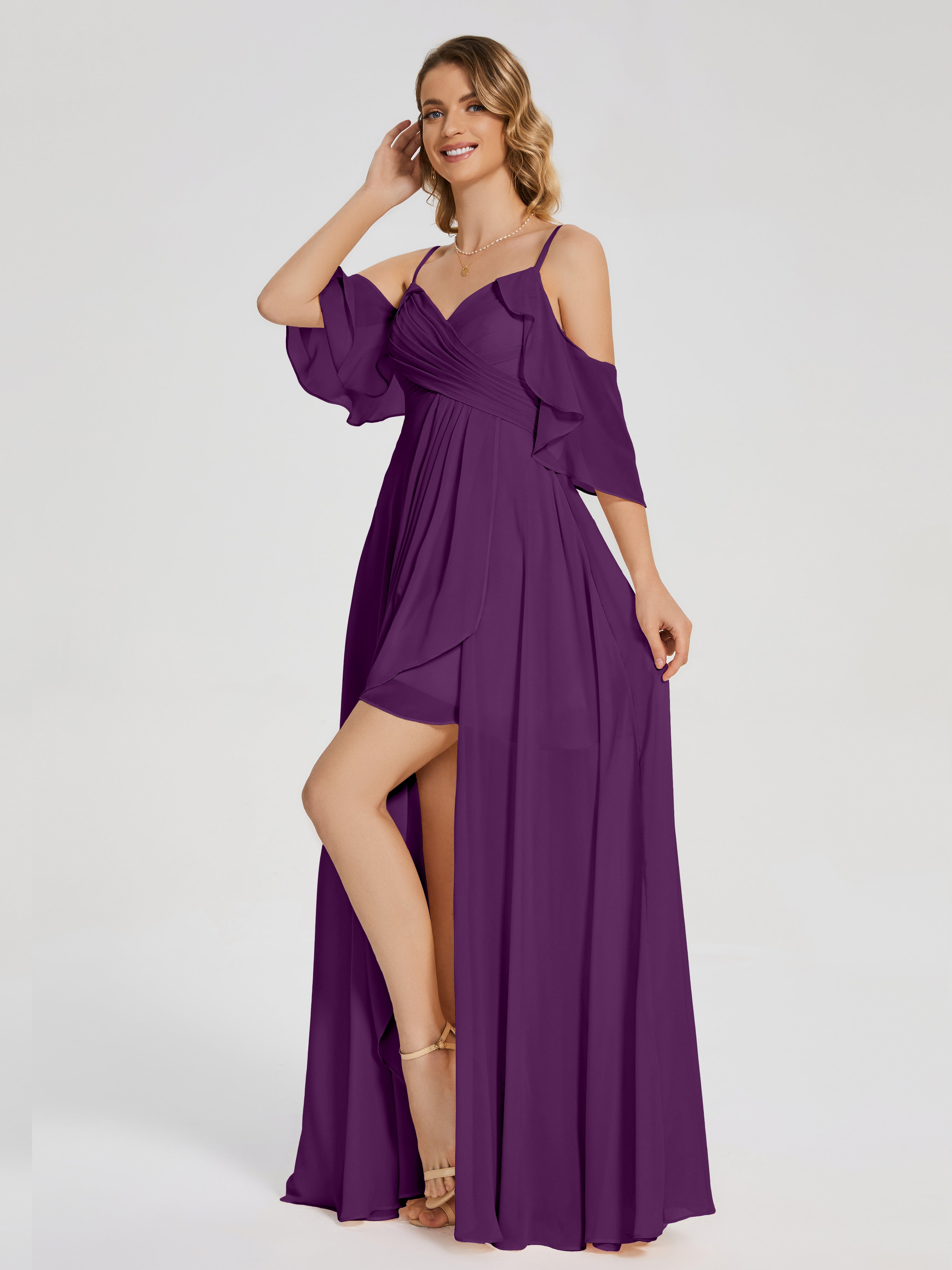Robes De Demoiselle D'Honneur En Raisin Asymétrique Hors-La-Épaule Mousseline Robes Demoiselle D'Honneur
