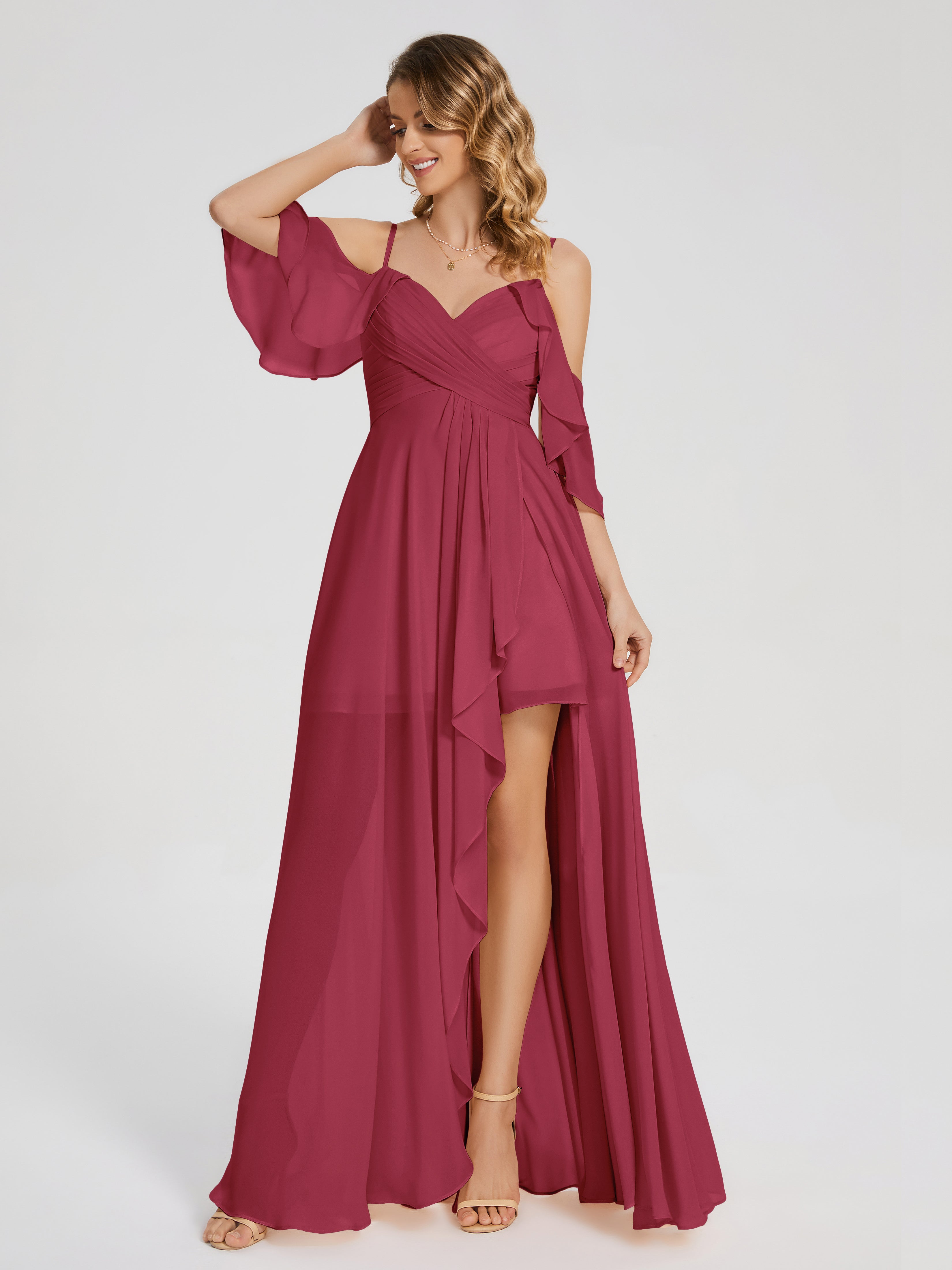 Couleur Rose Cannelle Asymétrique Hors-La-Épaule Mousseline Robes Demoiselle D'Honneur