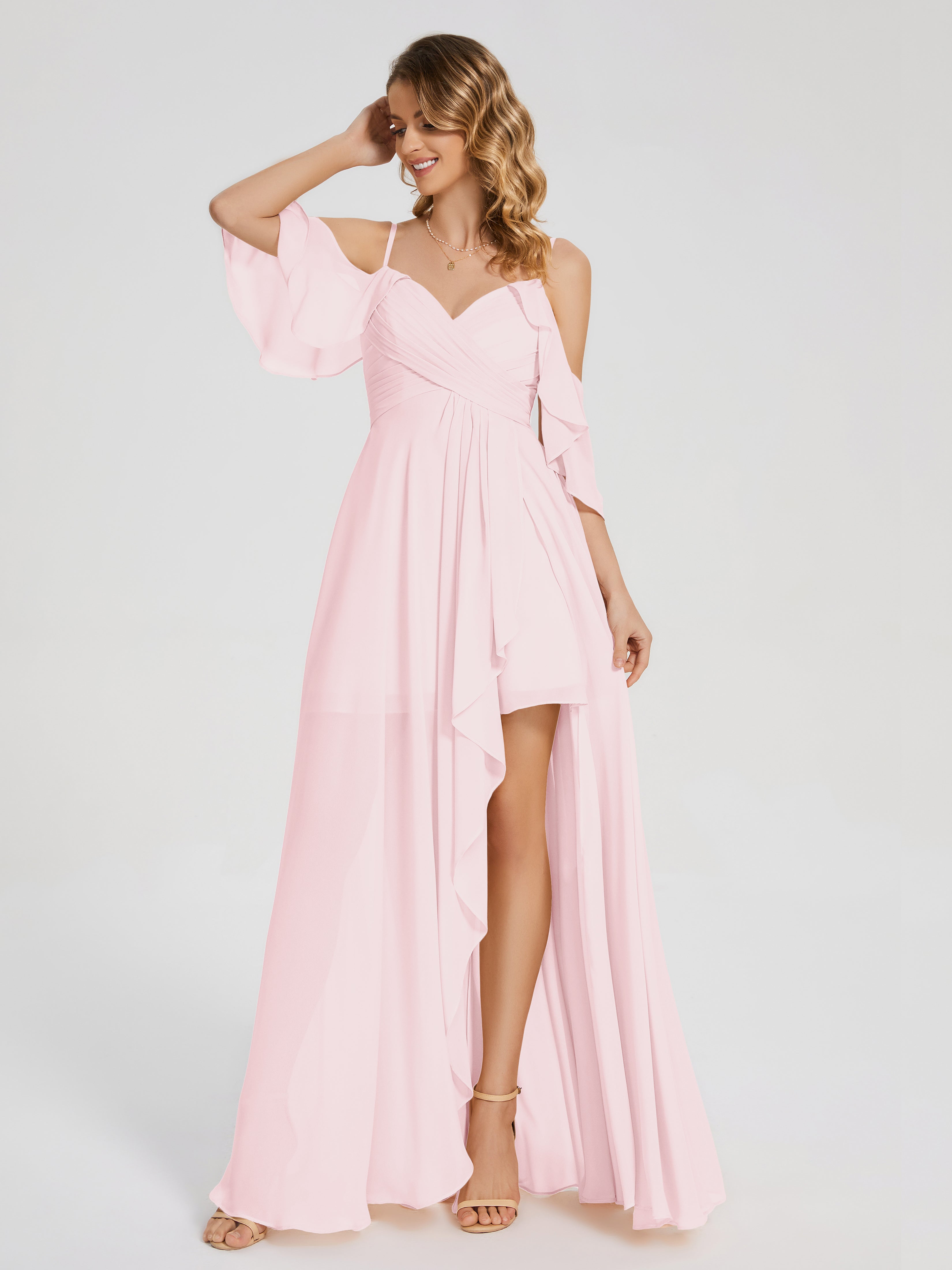 Robes De Demoiselle D'Honneur Rose Pale Asymétrique Hors-La-Épaule Mousseline Robes Demoiselle D'Honneur