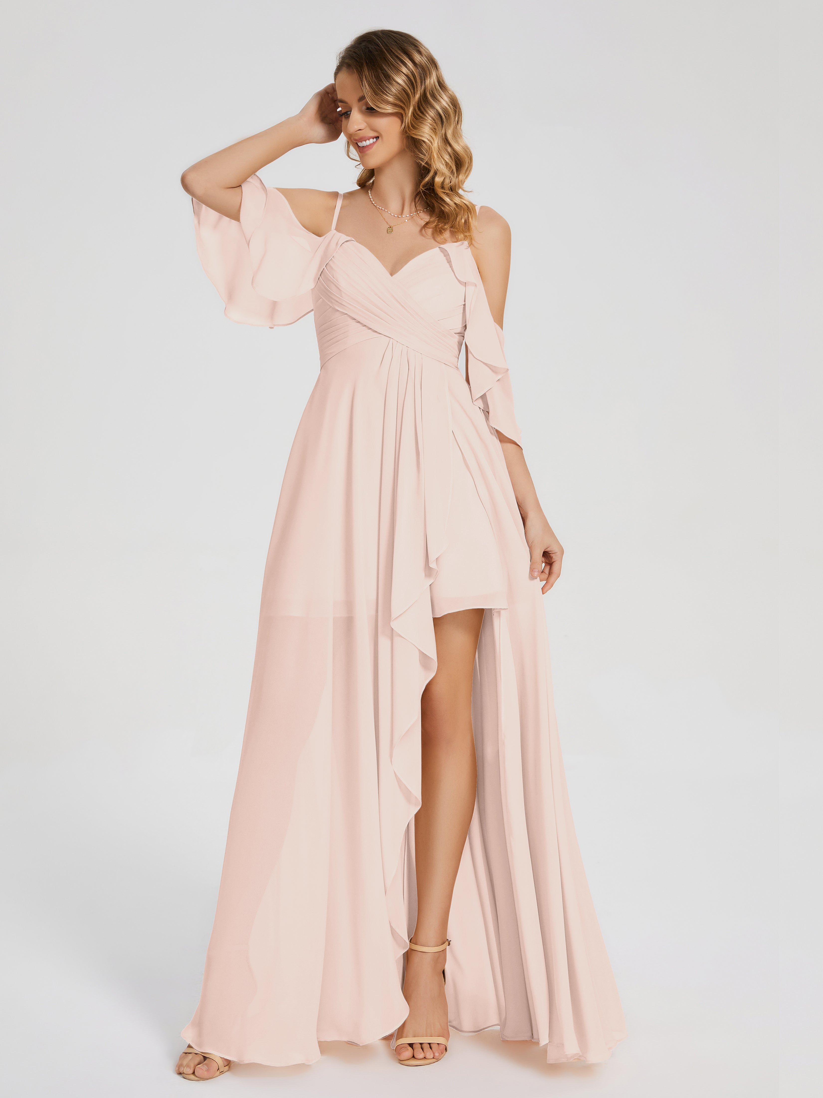 Robe De Demoiselle D'Honneur En Perles Asymétrique Hors-La-Épaule Mousseline Robes Demoiselle D'Honneur