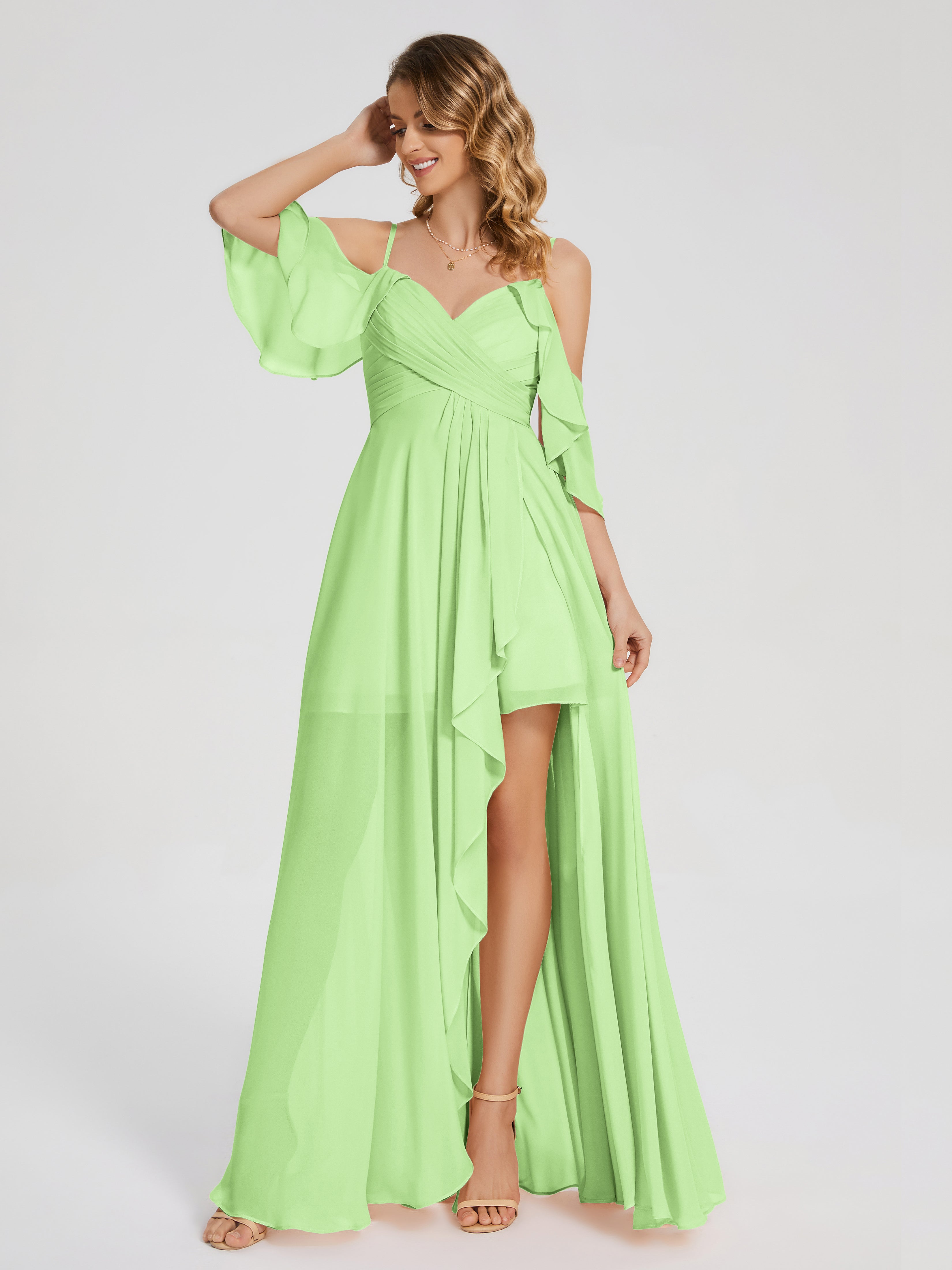 Robes De Demoiselle D'Honneur Vert Sauge Asymétrique Hors-La-Épaule Mousseline Robes Demoiselle D'Honneur
