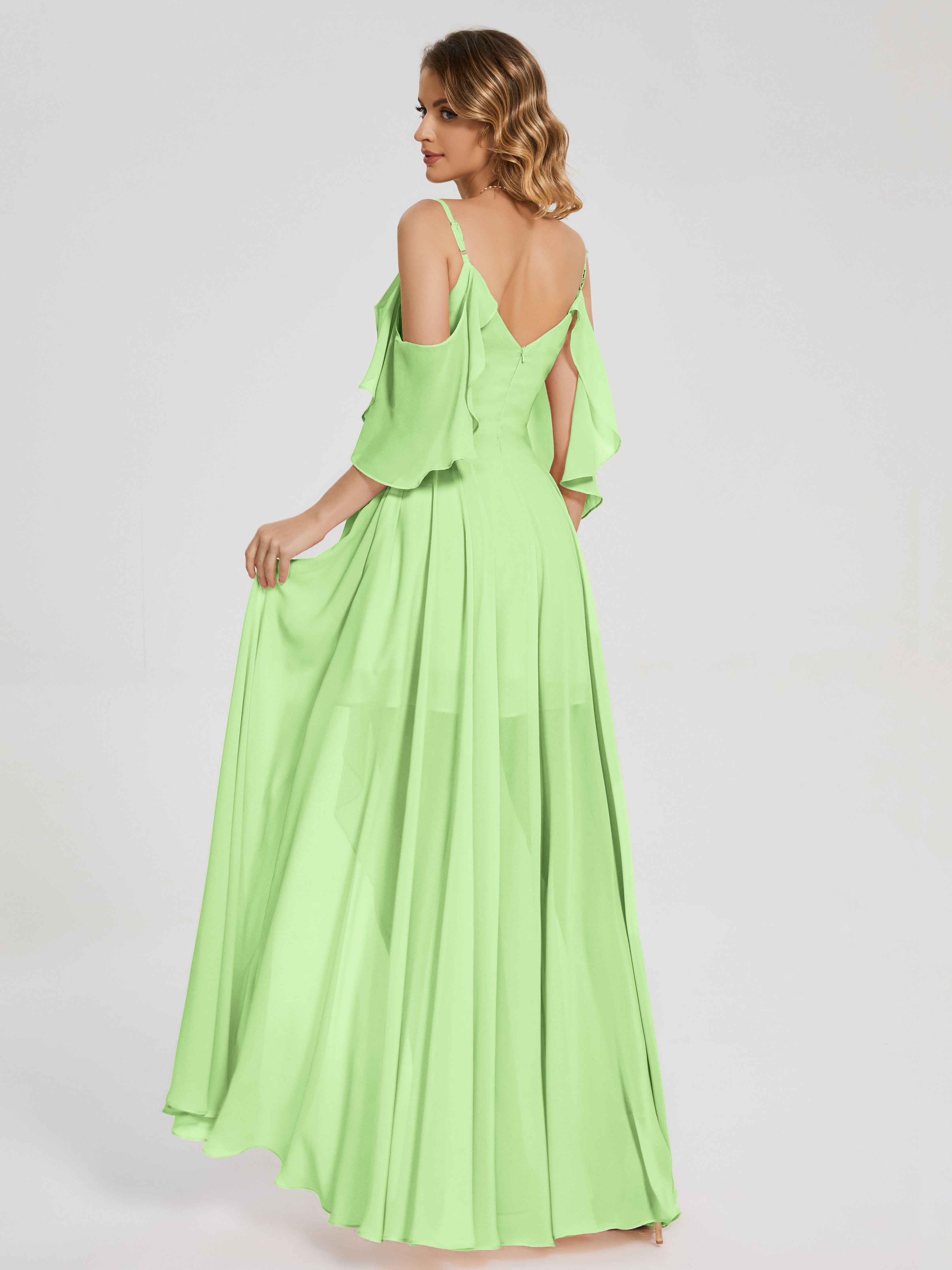 Robes De Demoiselle D'Honneur Vert Sauge Asymétrique Hors-La-Épaule Mousseline Robes Demoiselle D'Honneur