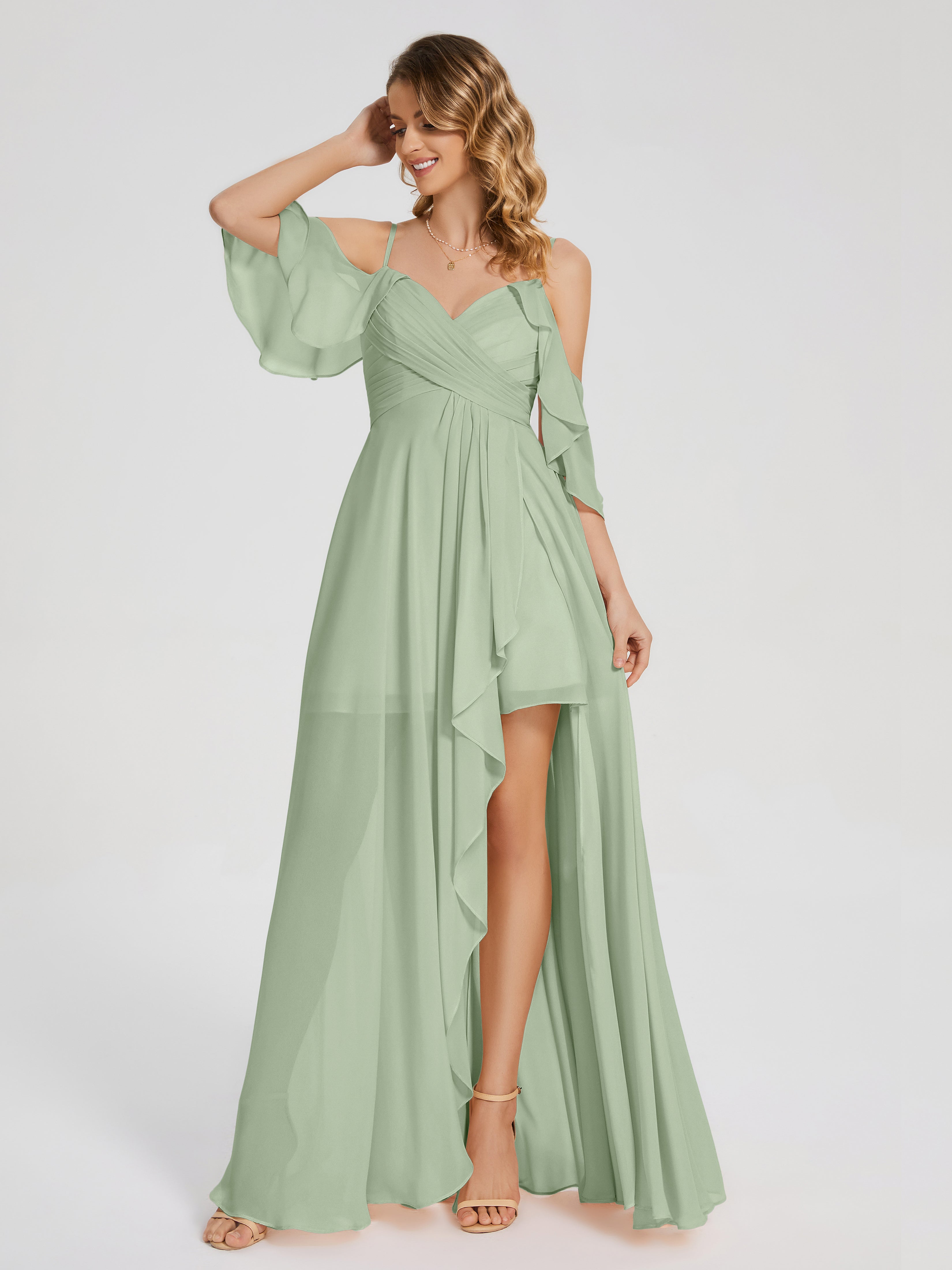 Robes De Demoiselle D'Honneur Vert Sauge Poussiéreux Asymétrique Hors-La-Épaule Mousseline Robes Demoiselle D'Honneur