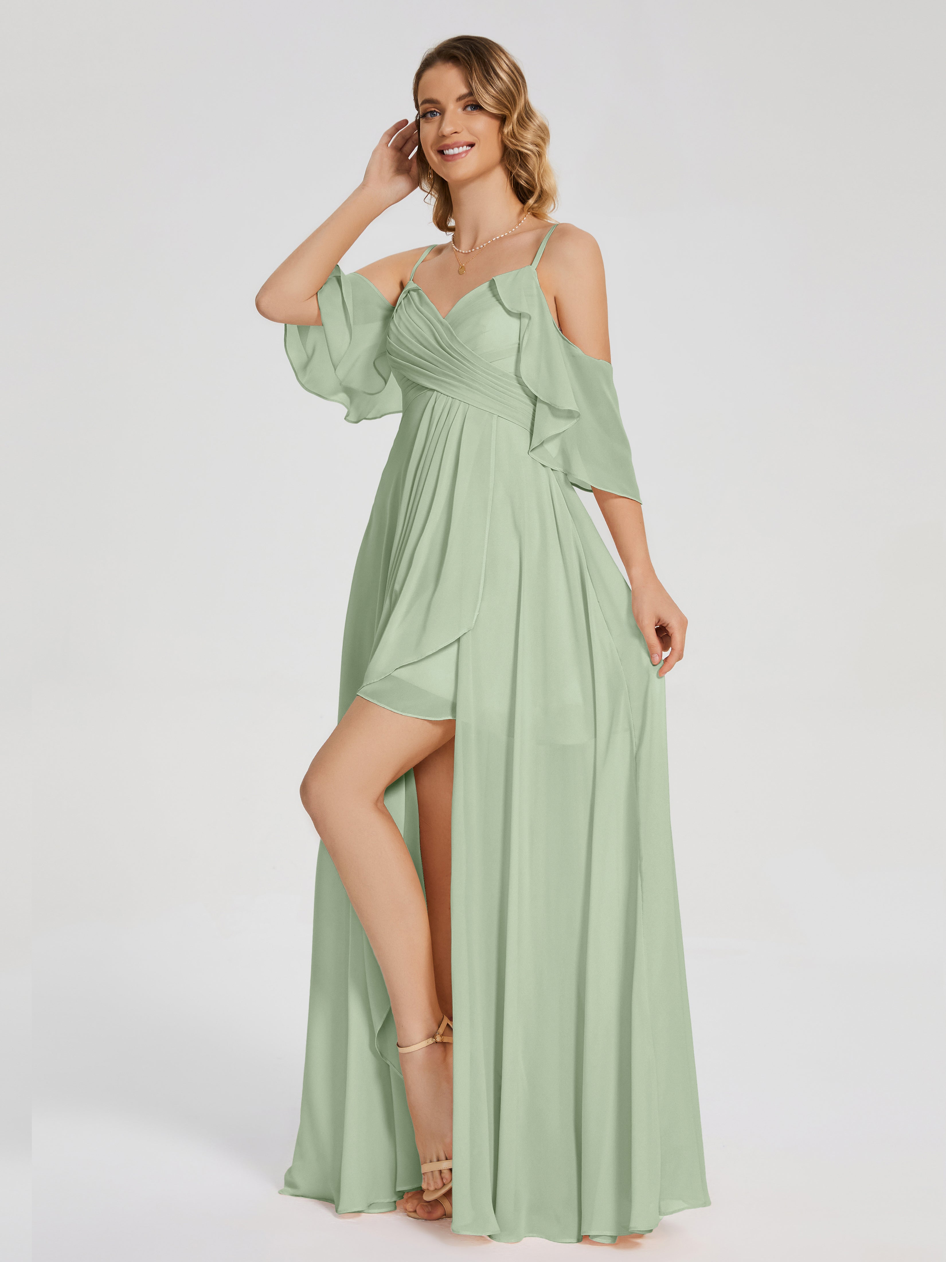 Robes De Demoiselle D'Honneur Vert Sauge Poussiéreux Asymétrique Hors-La-Épaule Mousseline Robes Demoiselle D'Honneur