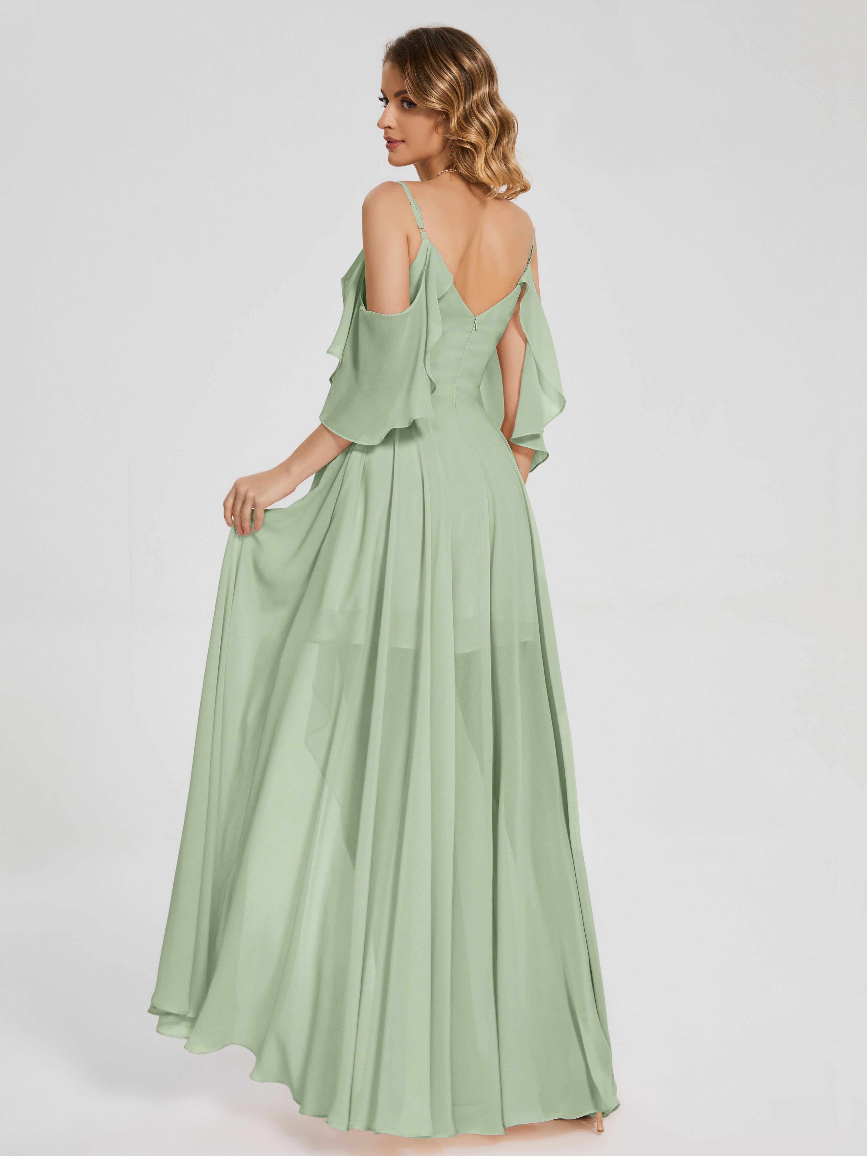Robes De Demoiselle D'Honneur Vert Sauge Poussiéreux Asymétrique Hors-La-Épaule Mousseline Robes Demoiselle D'Honneur