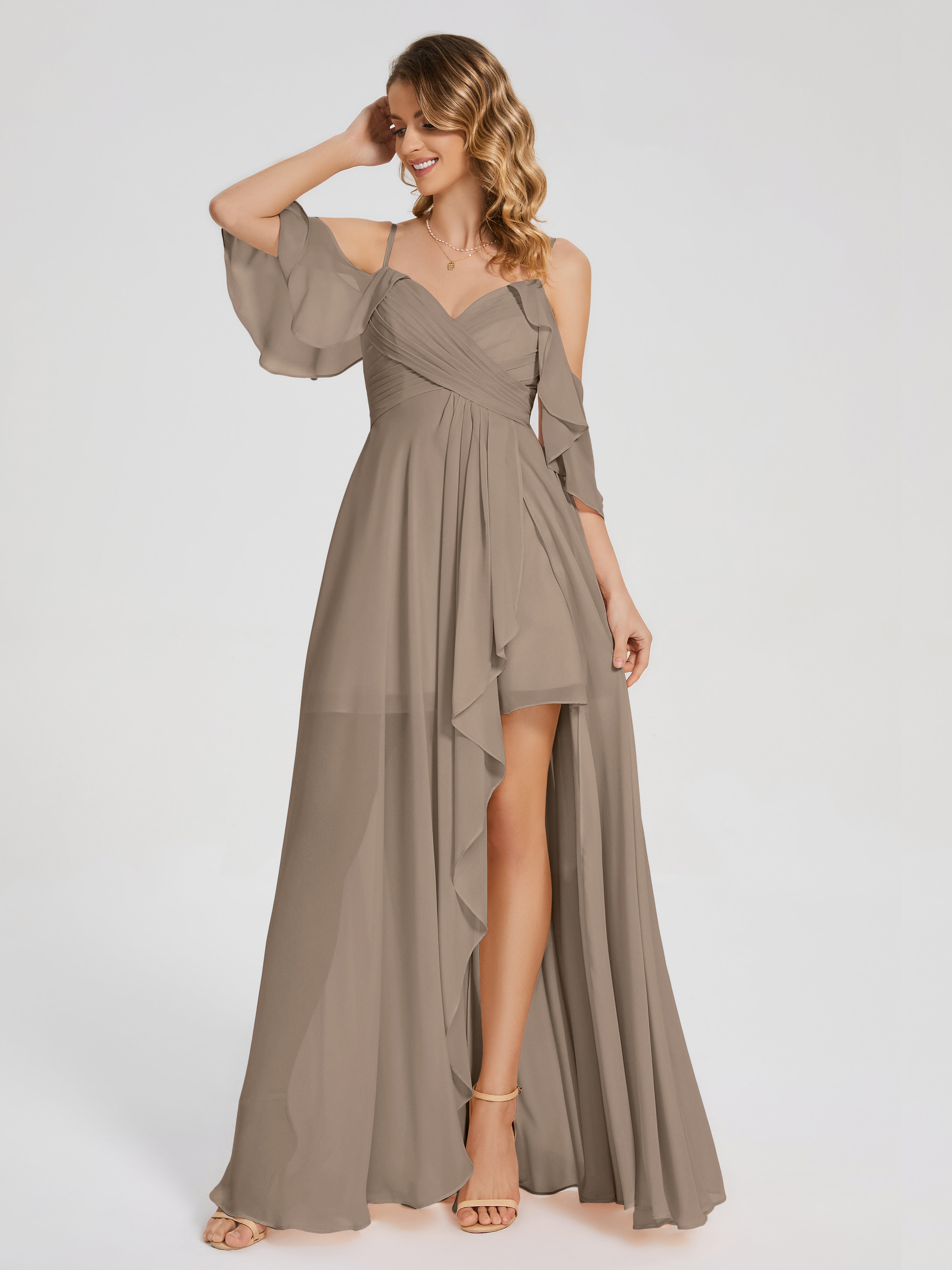 Robe Ceremonie Taupe Asymétrique Hors-La-Épaule Mousseline Robes Demoiselle D'Honneur