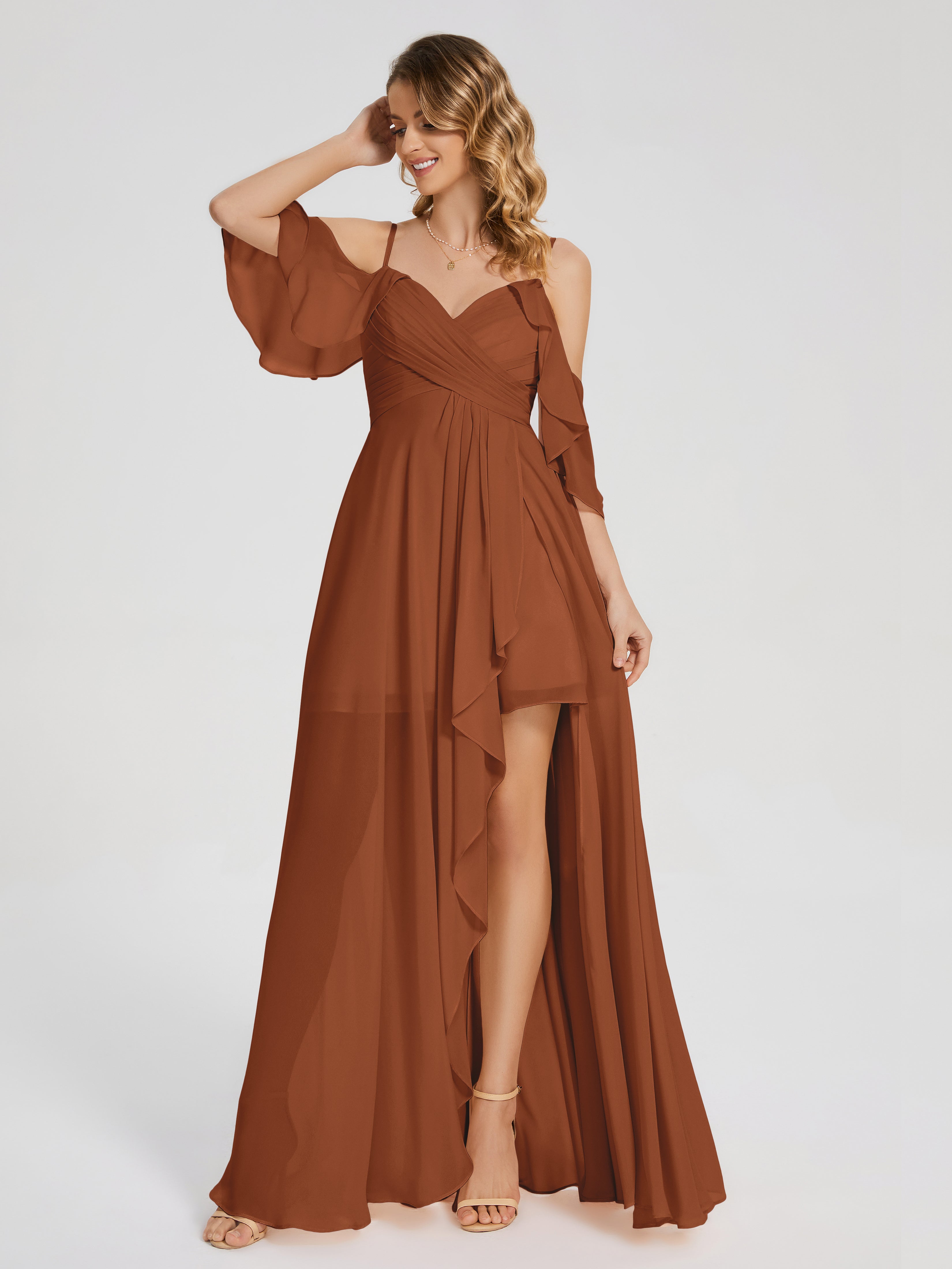Robes De Demoiselle D'Honneur En Terre Cuite Asymétrique Hors-La-Épaule Mousseline Robes Demoiselle D'Honneur