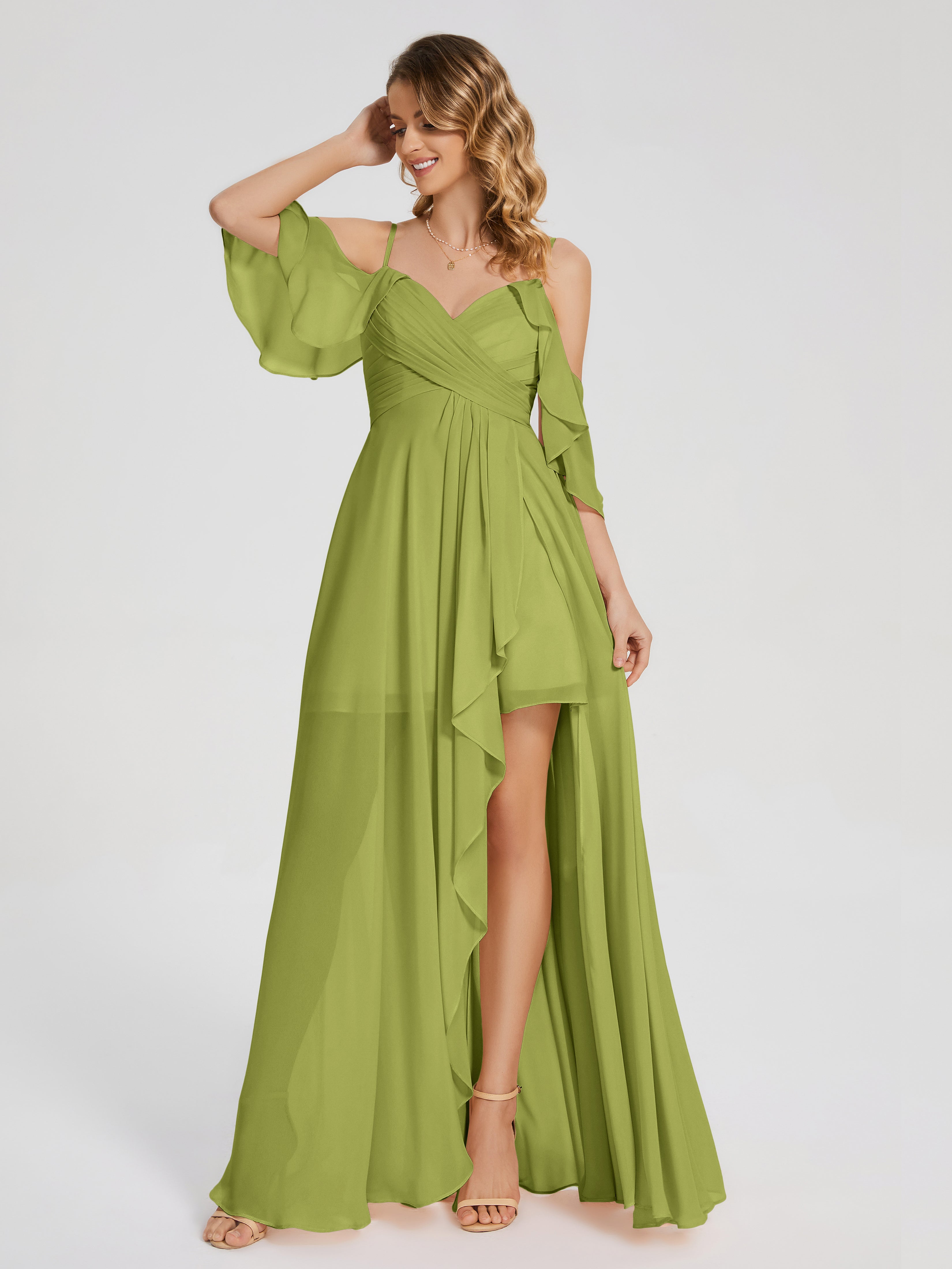Robes De Demoiselle D'Honneur Trèfle Asymétrique Hors-La-Épaule Mousseline Robes Demoiselle D'Honneur