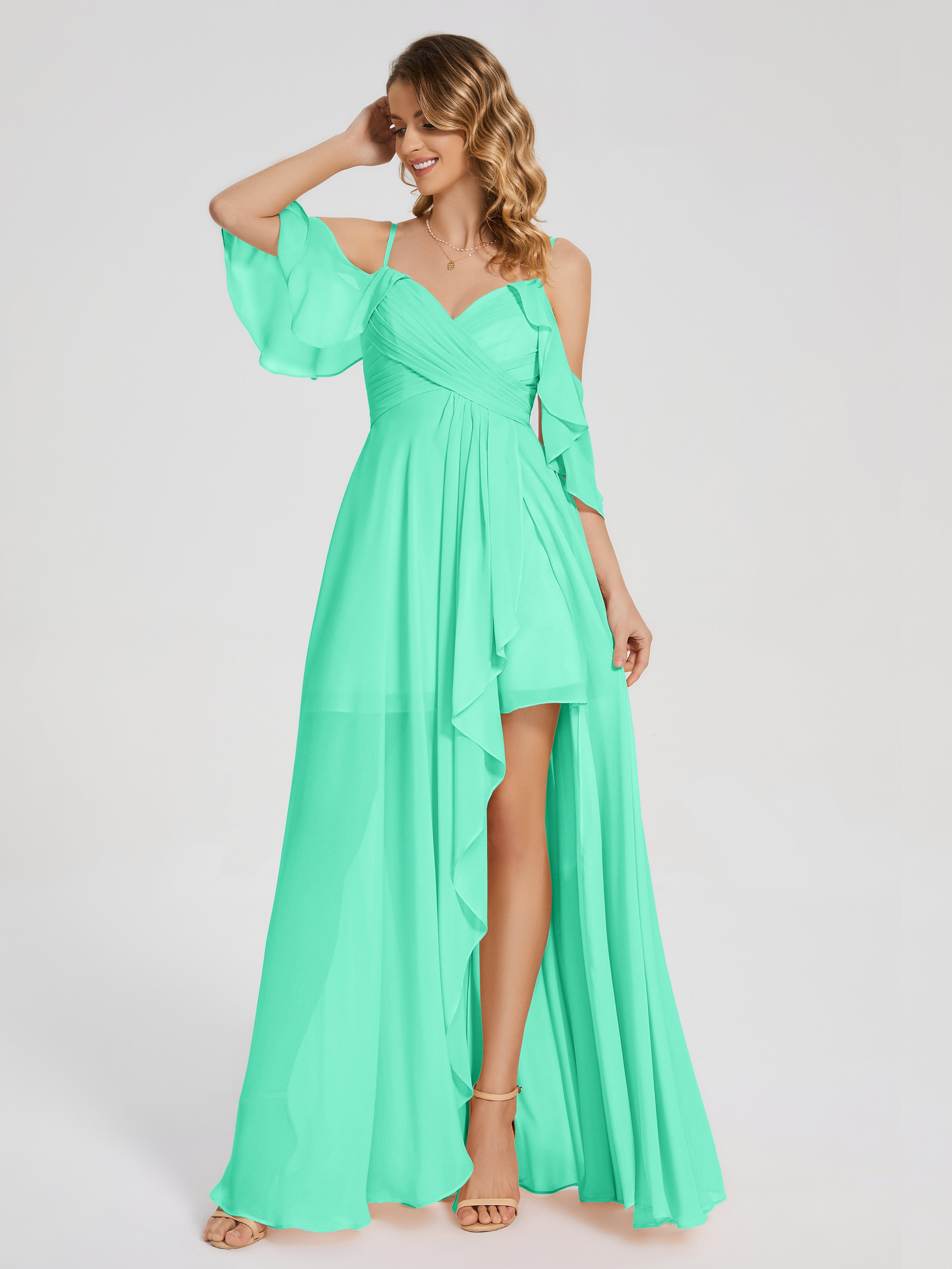 Robes De Demoiselle D'Honneur Bleu Turquoise Asymétrique Hors-La-Épaule Mousseline Robes Demoiselle D'Honneur