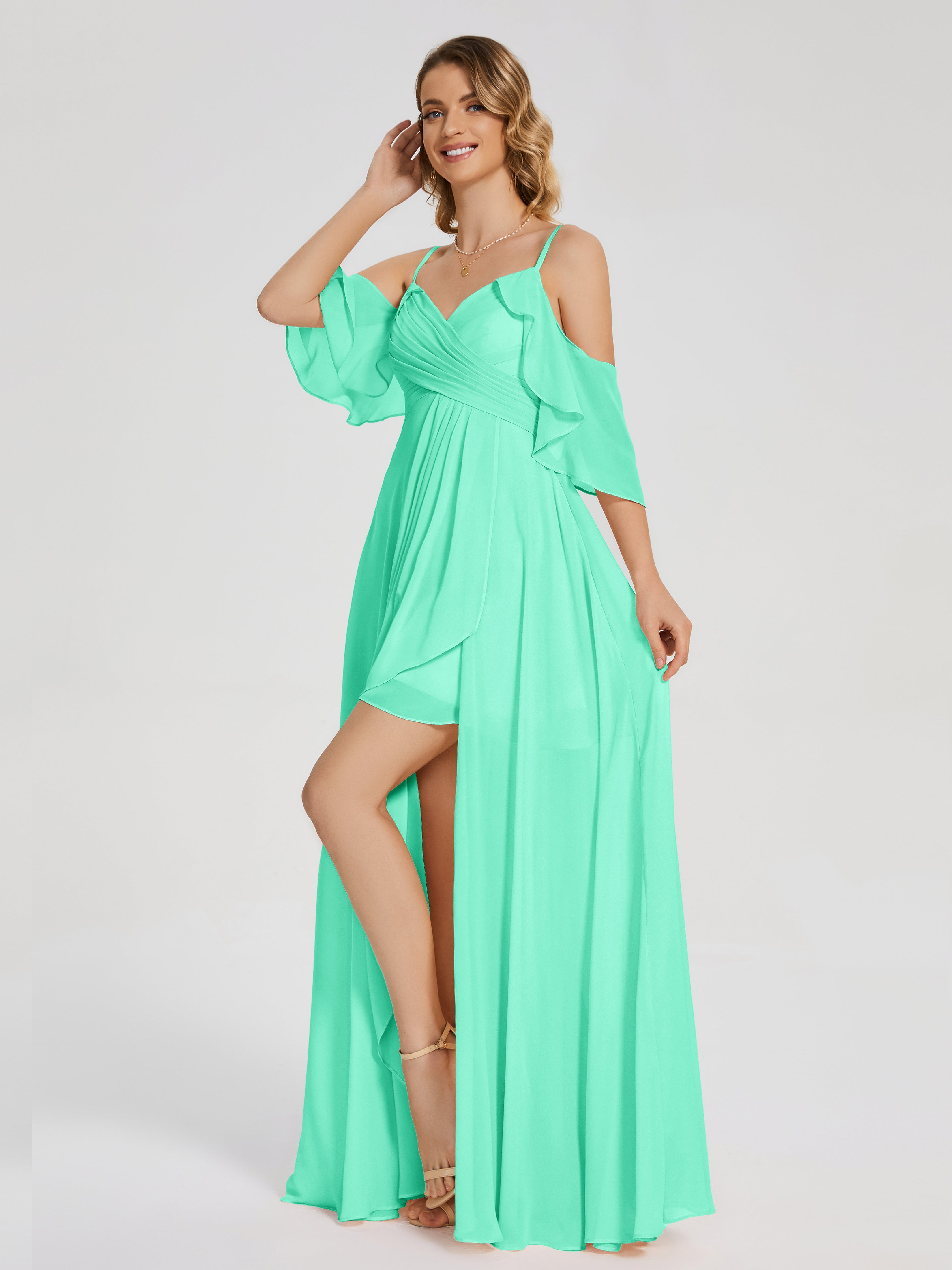 Robes De Demoiselle D'Honneur Bleu Turquoise Asymétrique Hors-La-Épaule Mousseline Robes Demoiselle D'Honneur
