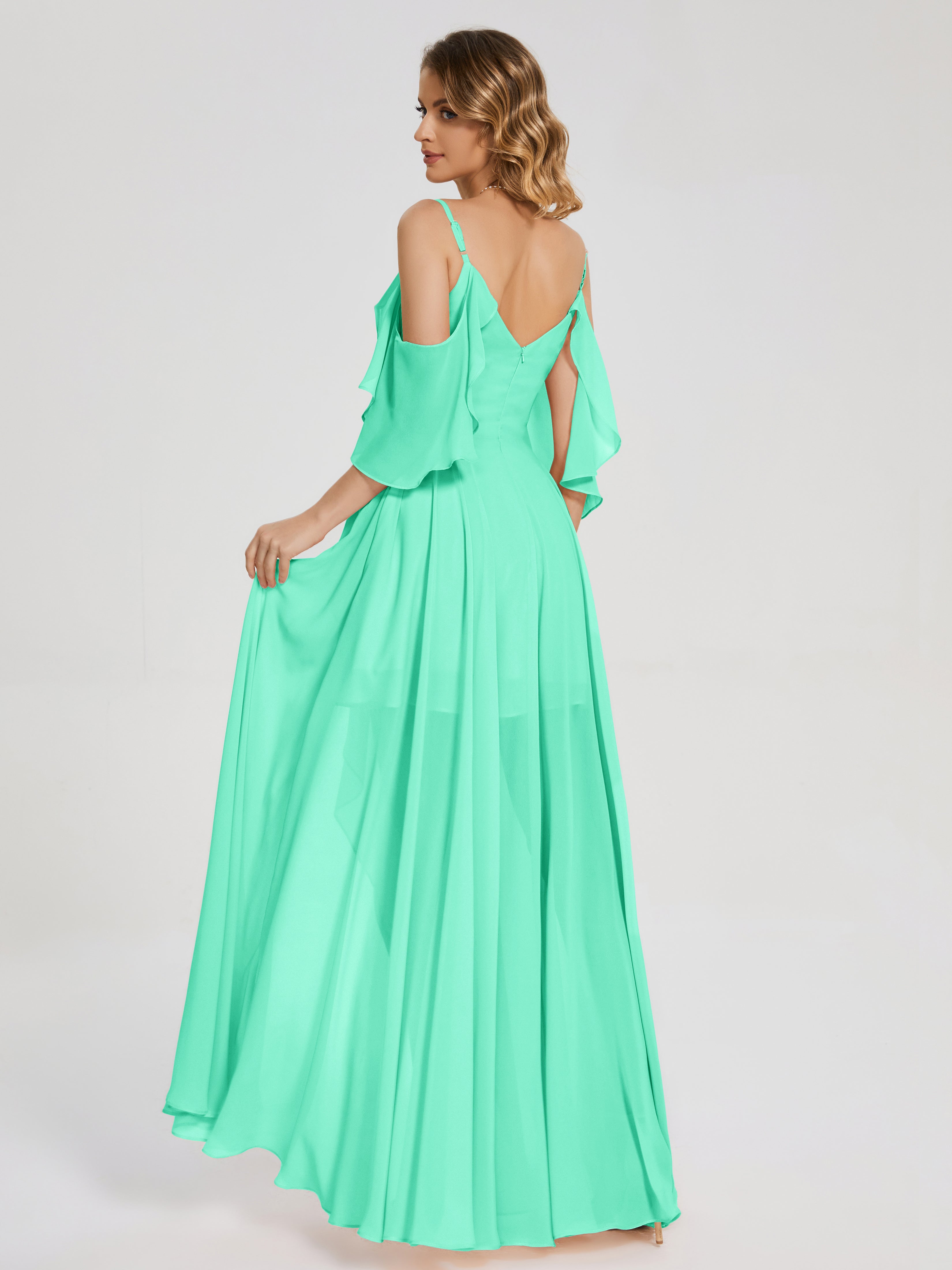 Robes De Demoiselle D'Honneur Bleu Turquoise Asymétrique Hors-La-Épaule Mousseline Robes Demoiselle D'Honneur