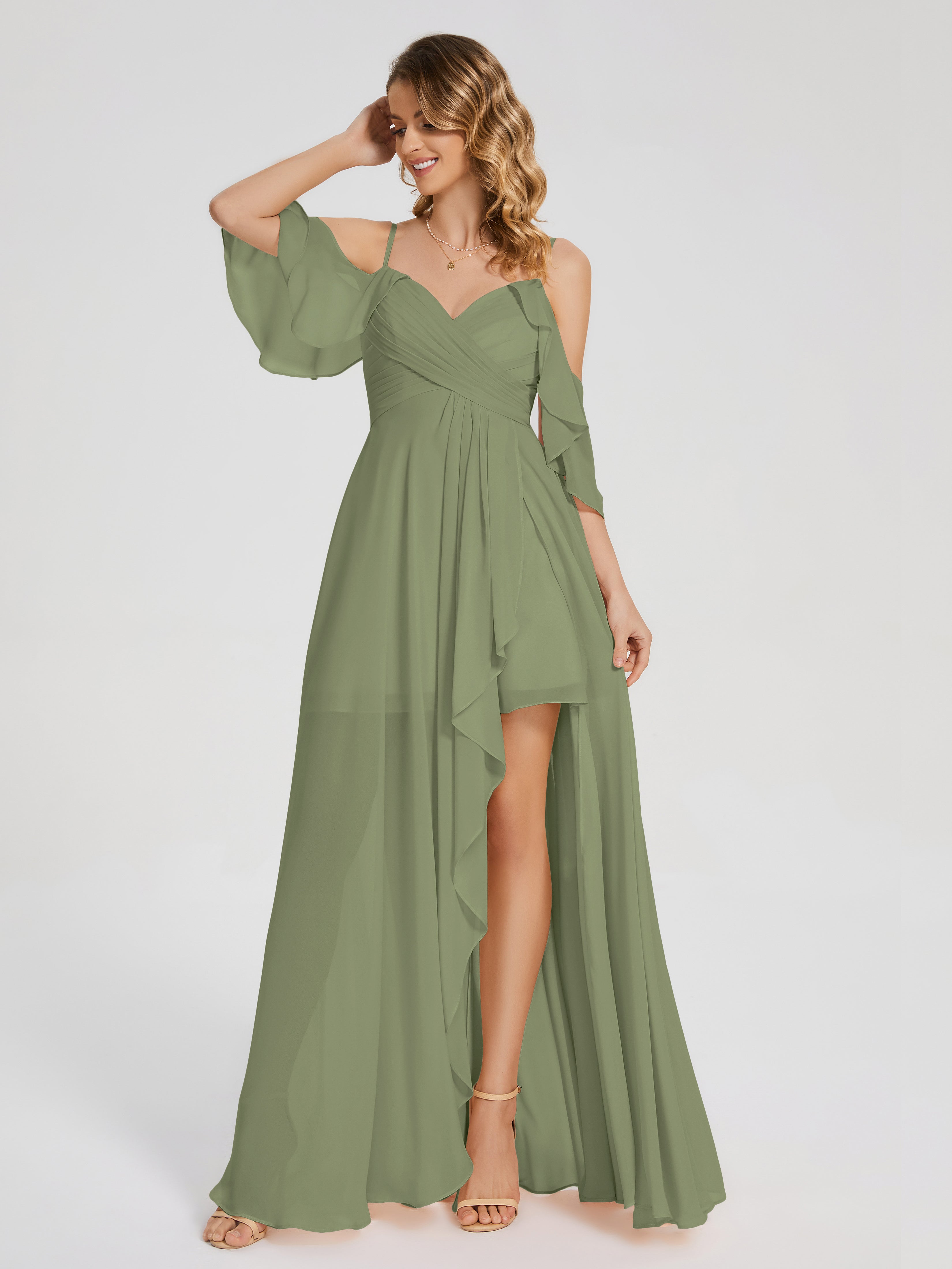 Robes De Demoiselle D'Honneur Olive Asymétrique Hors-La-Épaule Mousseline Robes Demoiselle D'Honneur