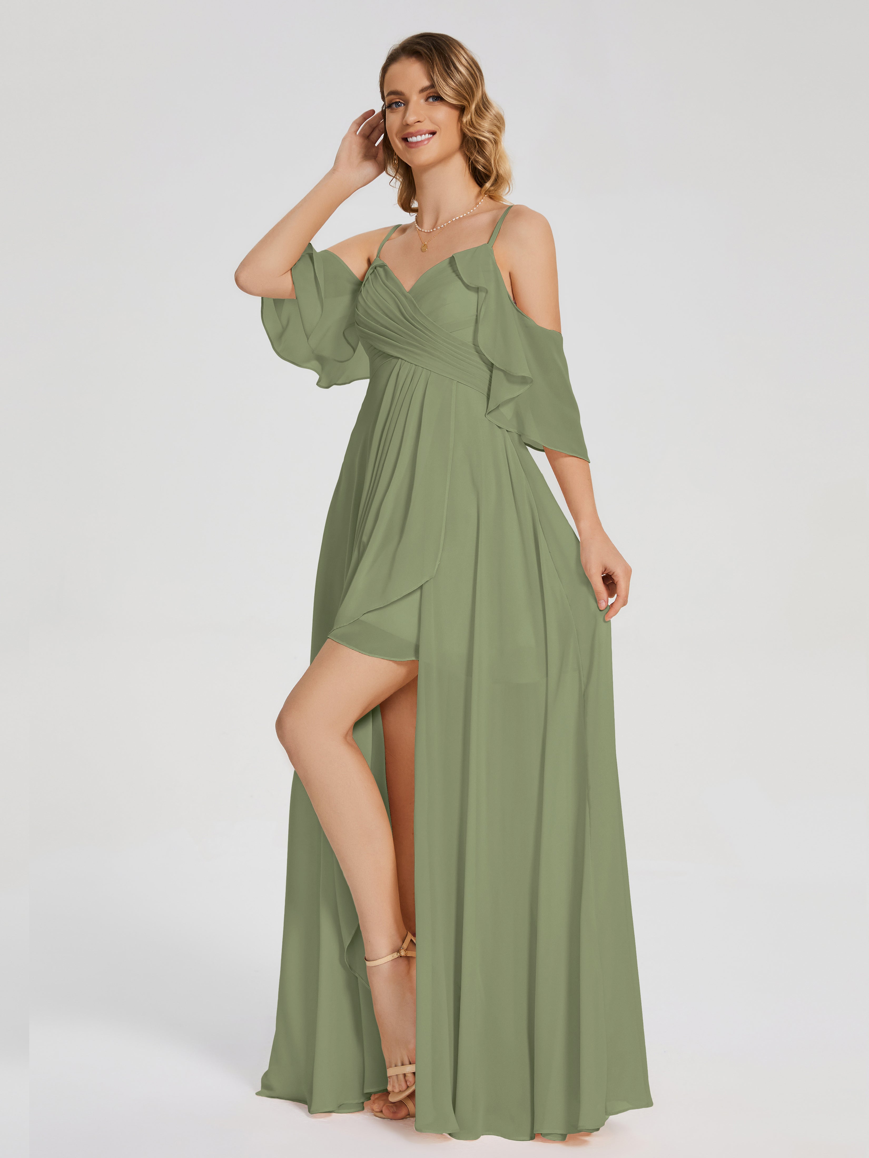 Robes De Demoiselle D'Honneur Olive Asymétrique Hors-La-Épaule Mousseline Robes Demoiselle D'Honneur