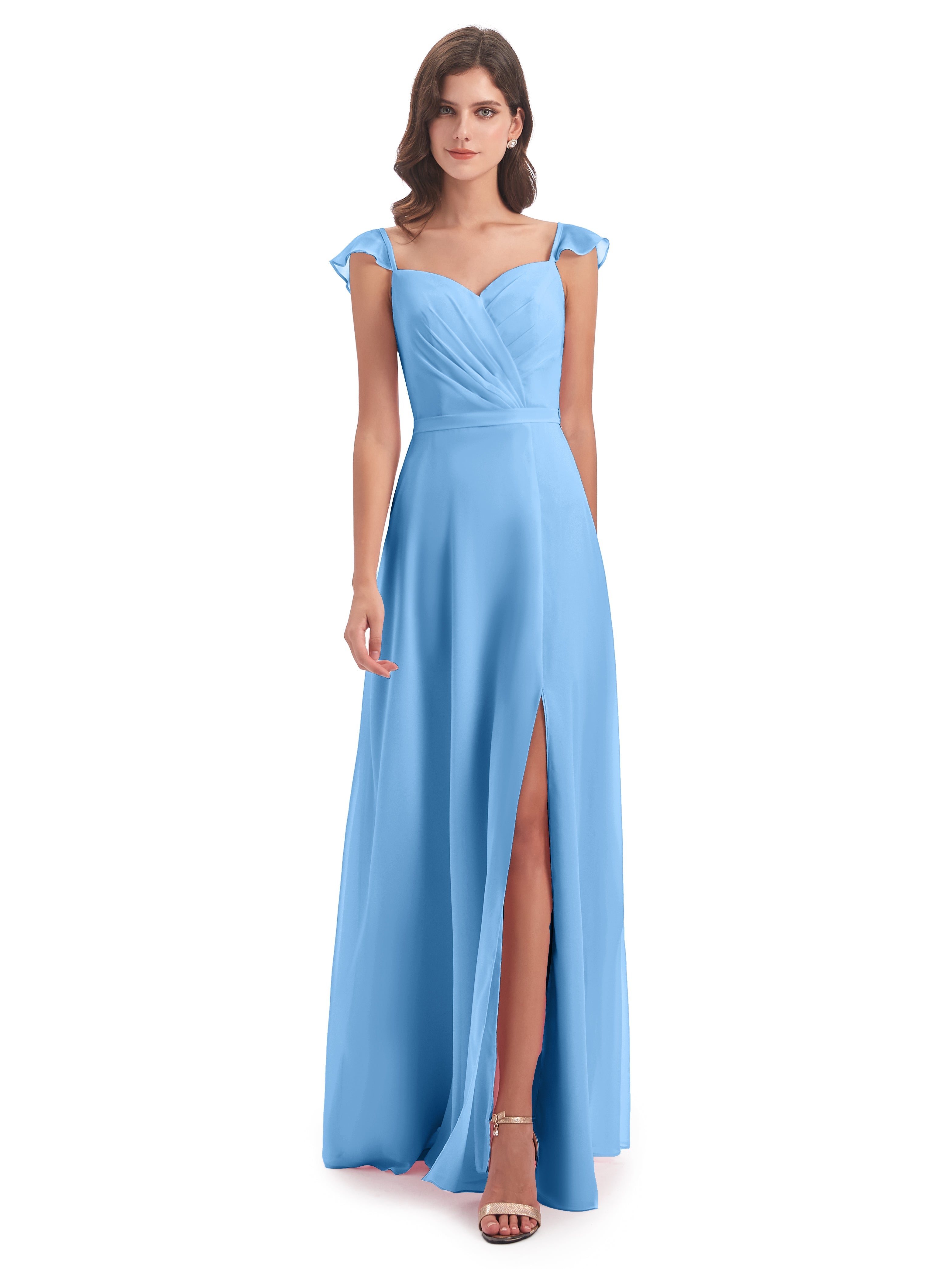 Demoiselle D Honneur Bleu Fourreau/Colonne Mancherons Fendue Devant Robes Demoiselle D'Honneur