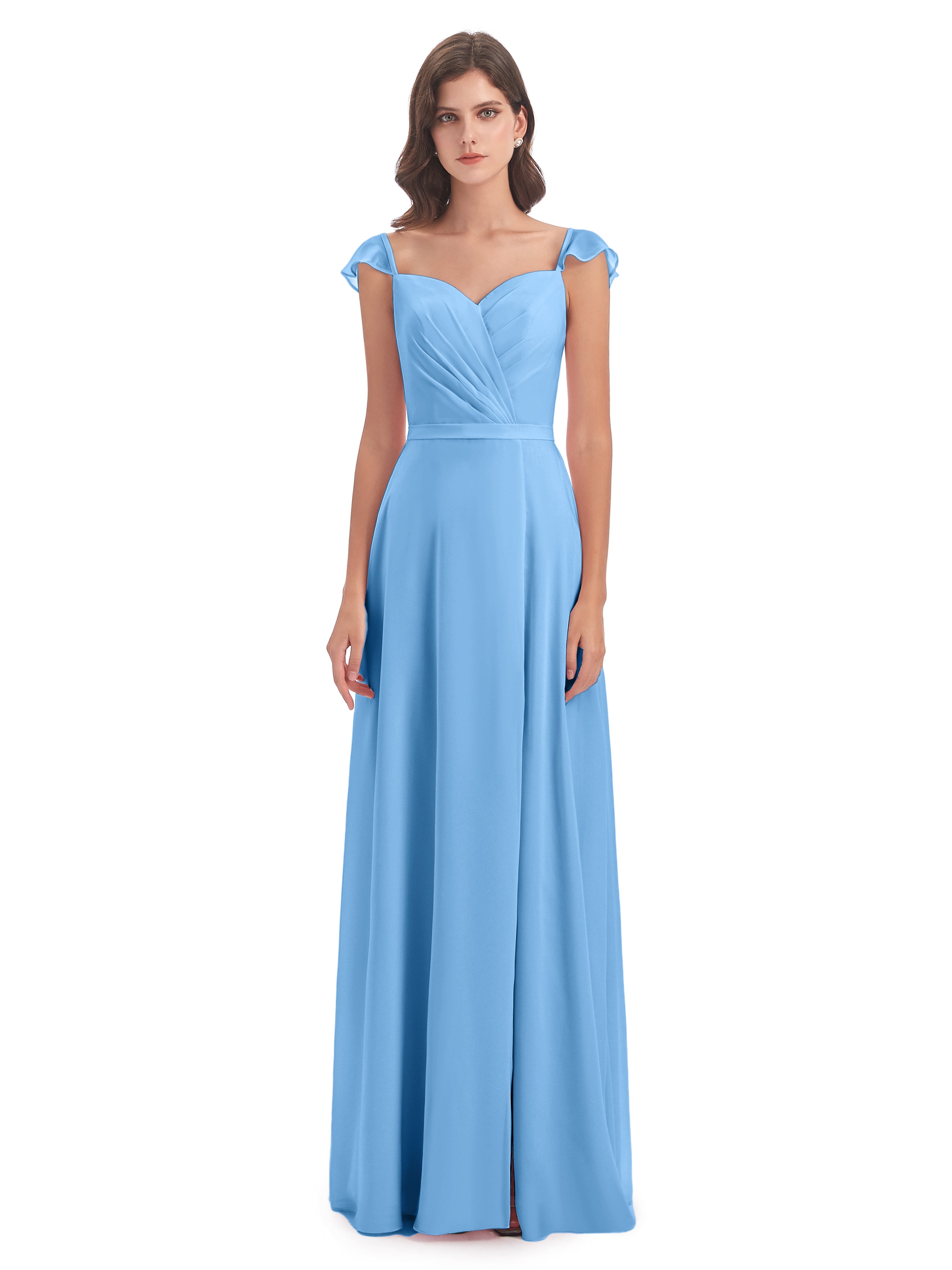 Demoiselle D Honneur Bleu Fourreau/Colonne Mancherons Fendue Devant Robes Demoiselle D'Honneur