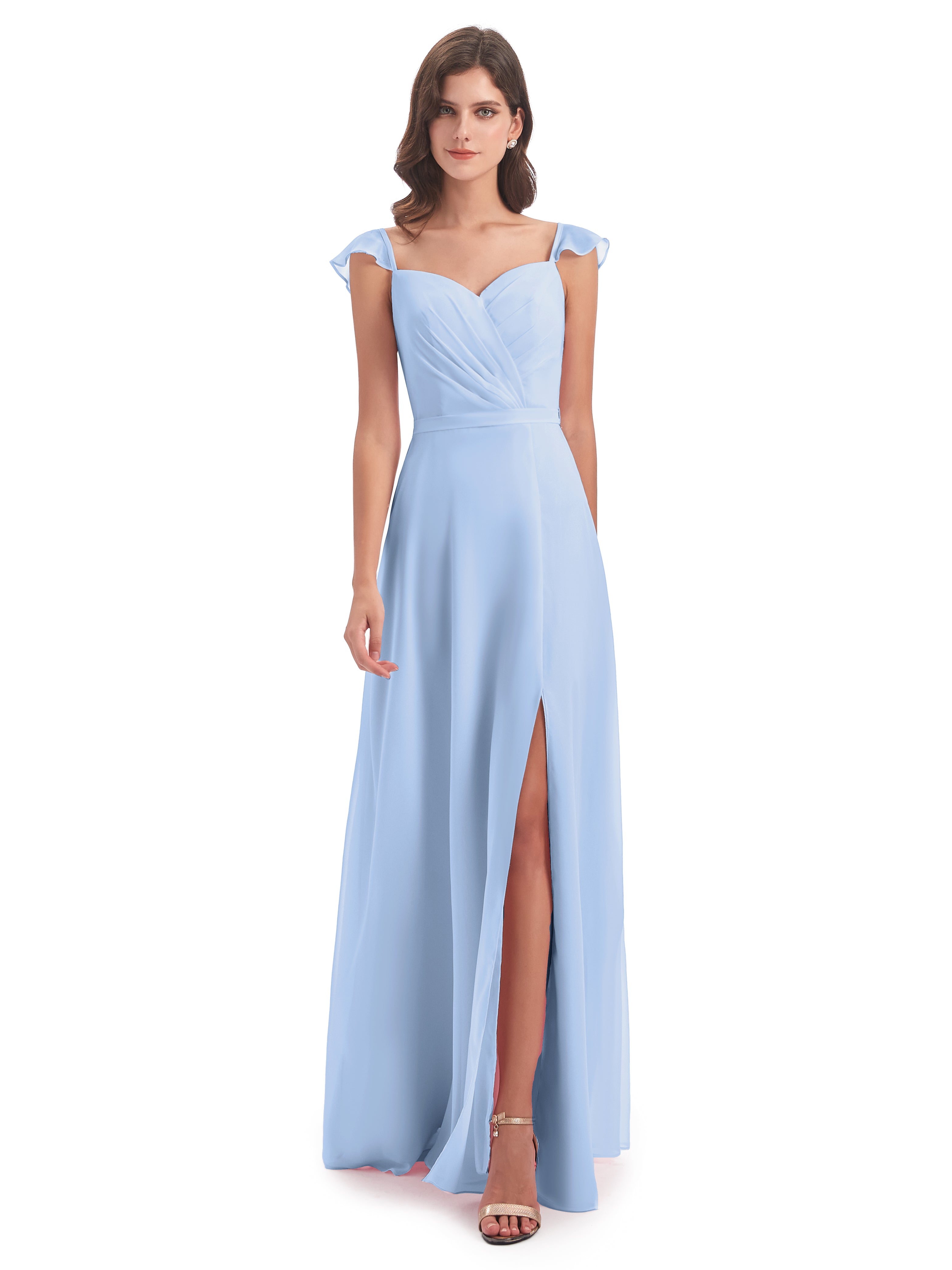 Robe De Demoiselle D Honneur Bleu Ciel Fourreau/Colonne Mancherons Fendue Devant Robes Demoiselle D'Honneur