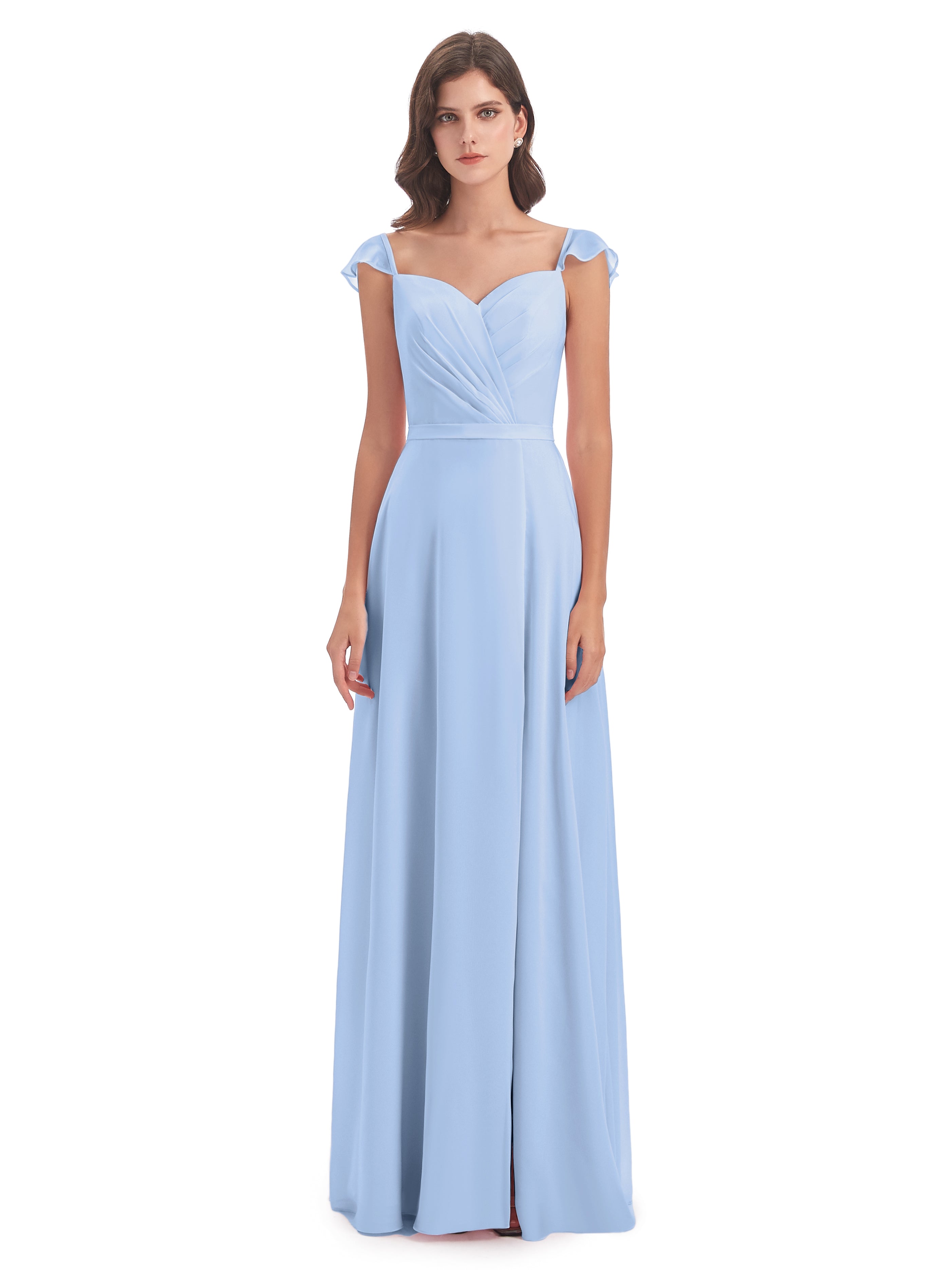 Robe De Demoiselle D Honneur Bleu Ciel Fourreau/Colonne Mancherons Fendue Devant Robes Demoiselle D'Honneur