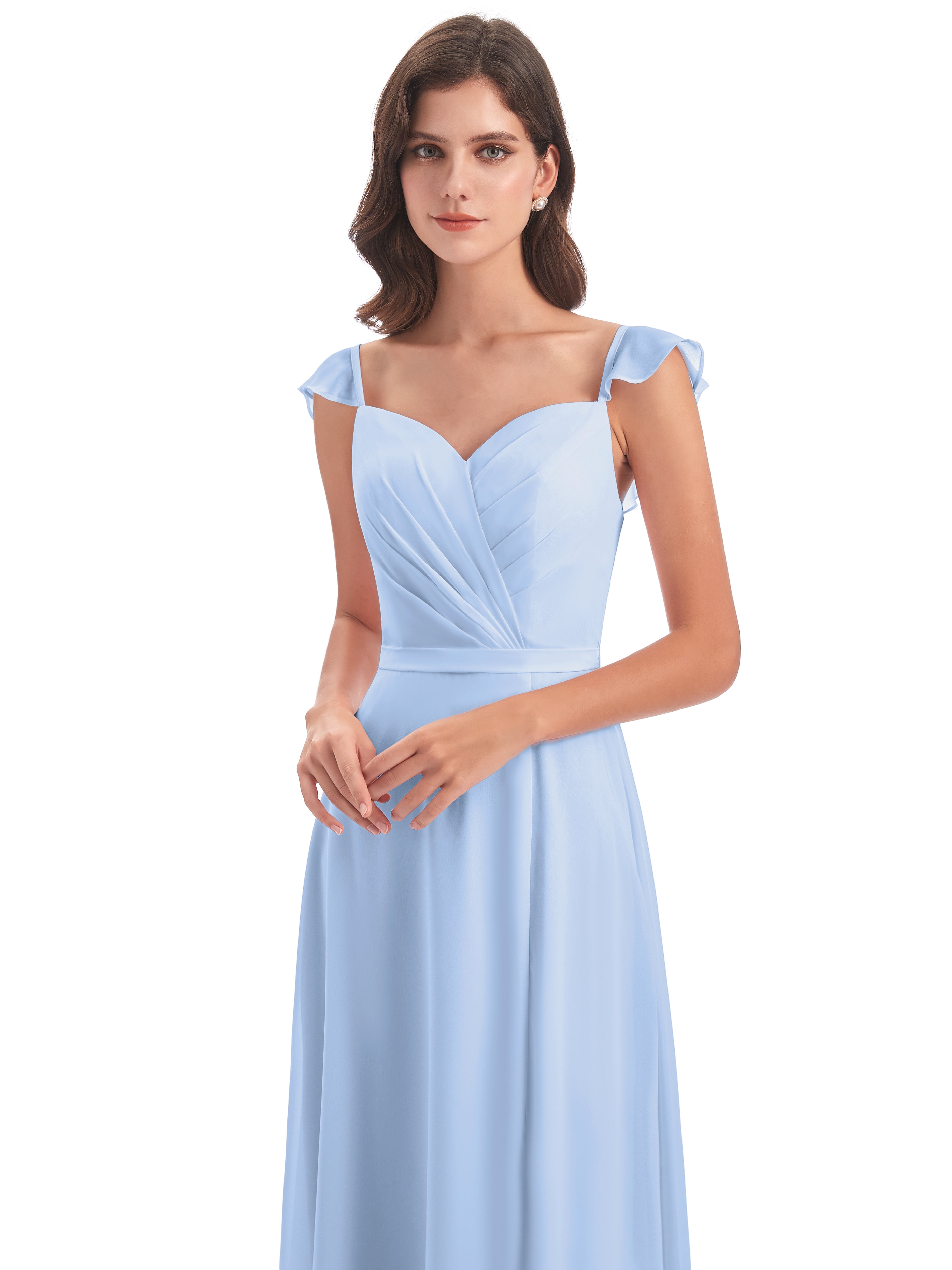Robe De Demoiselle D Honneur Bleu Ciel Fourreau/Colonne Mancherons Fendue Devant Robes Demoiselle D'Honneur