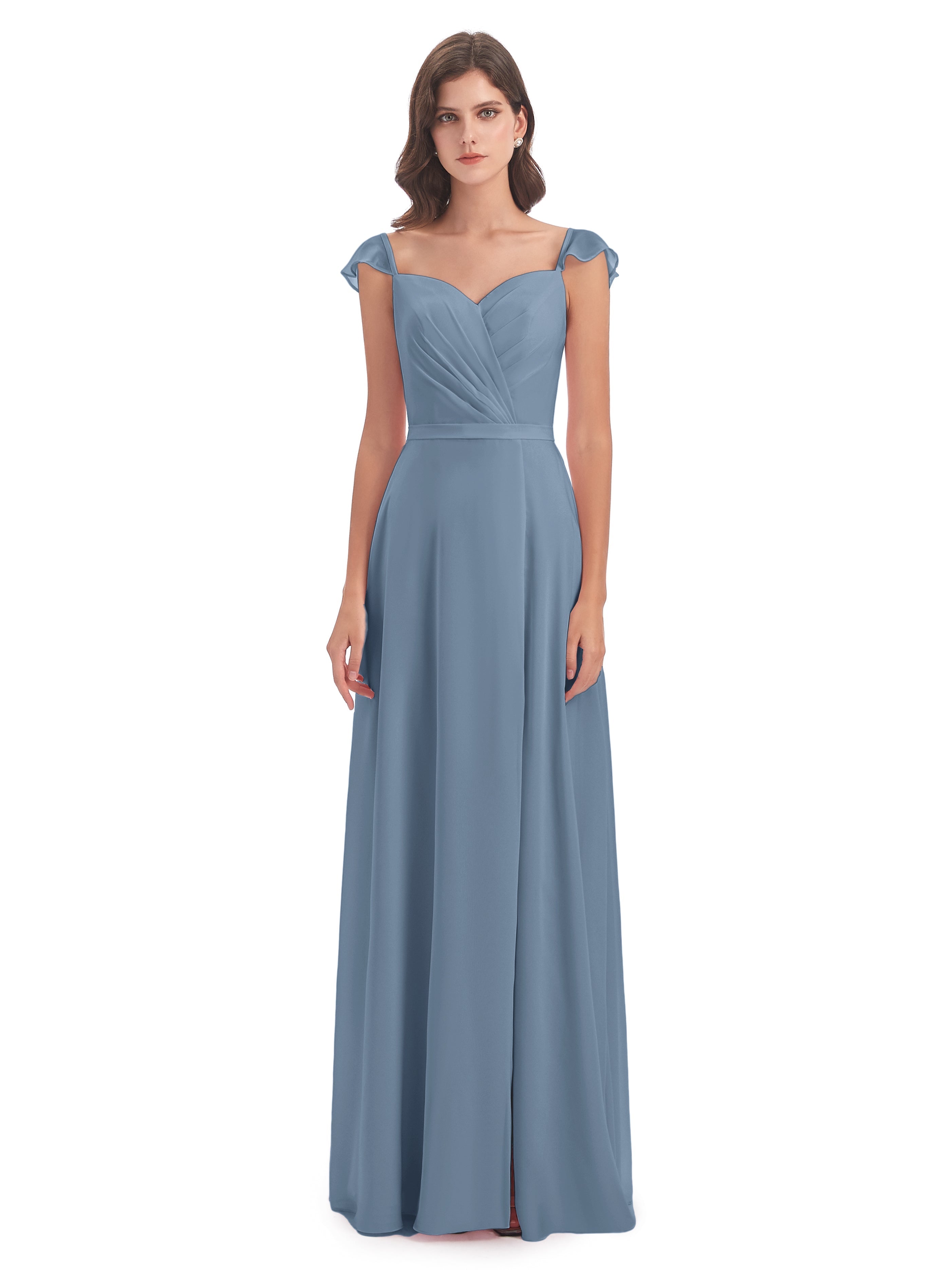 Robes De Demoiselle D'Honneur Bleu De Schiste Fourreau/Colonne Mancherons Fendue Devant Robes Demoiselle D'Honneur