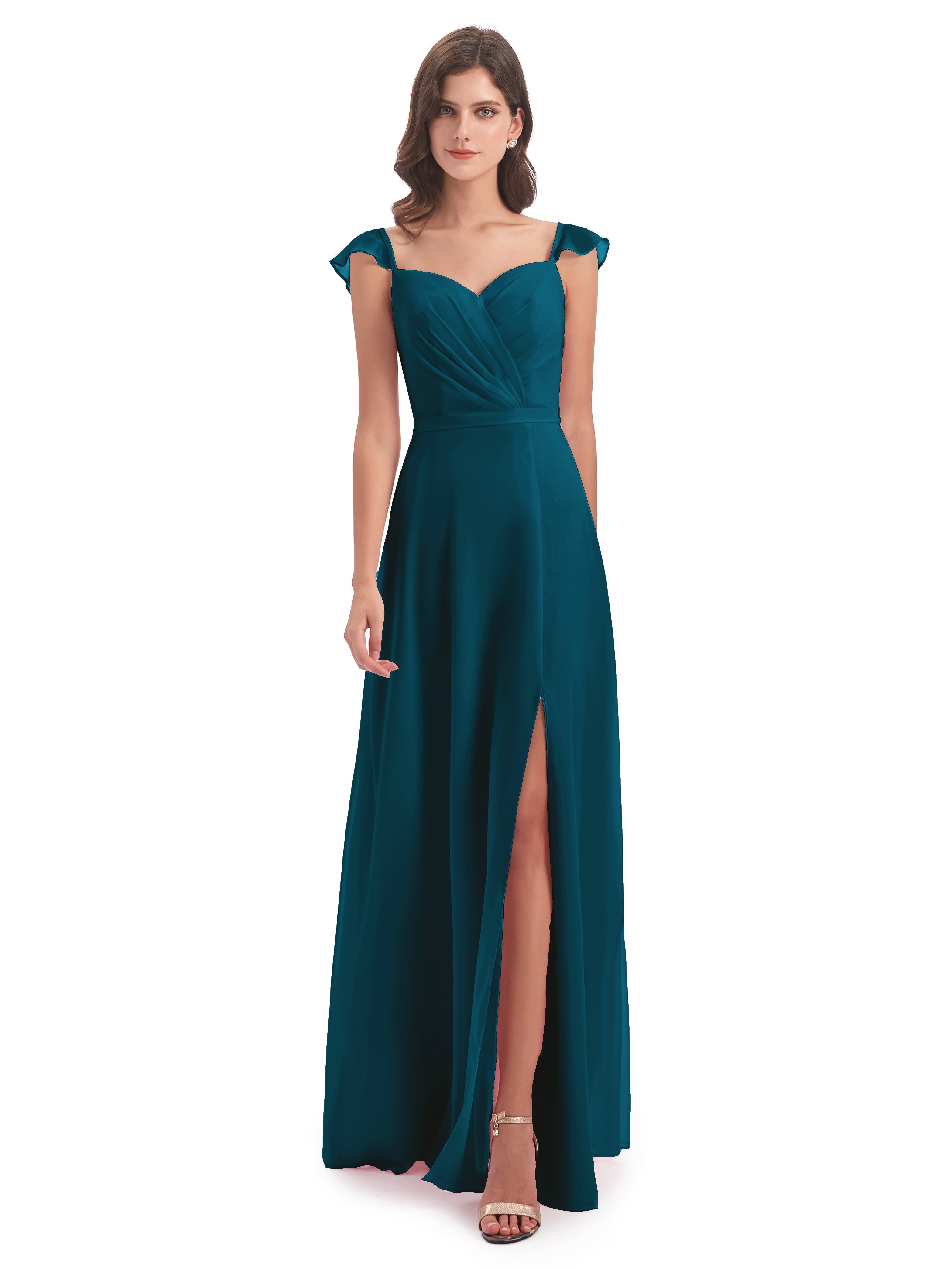 Robes De Demoiselle D'Honneur Bleu Encre Fourreau/Colonne Mancherons Fendue Devant Robes Demoiselle D'Honneur