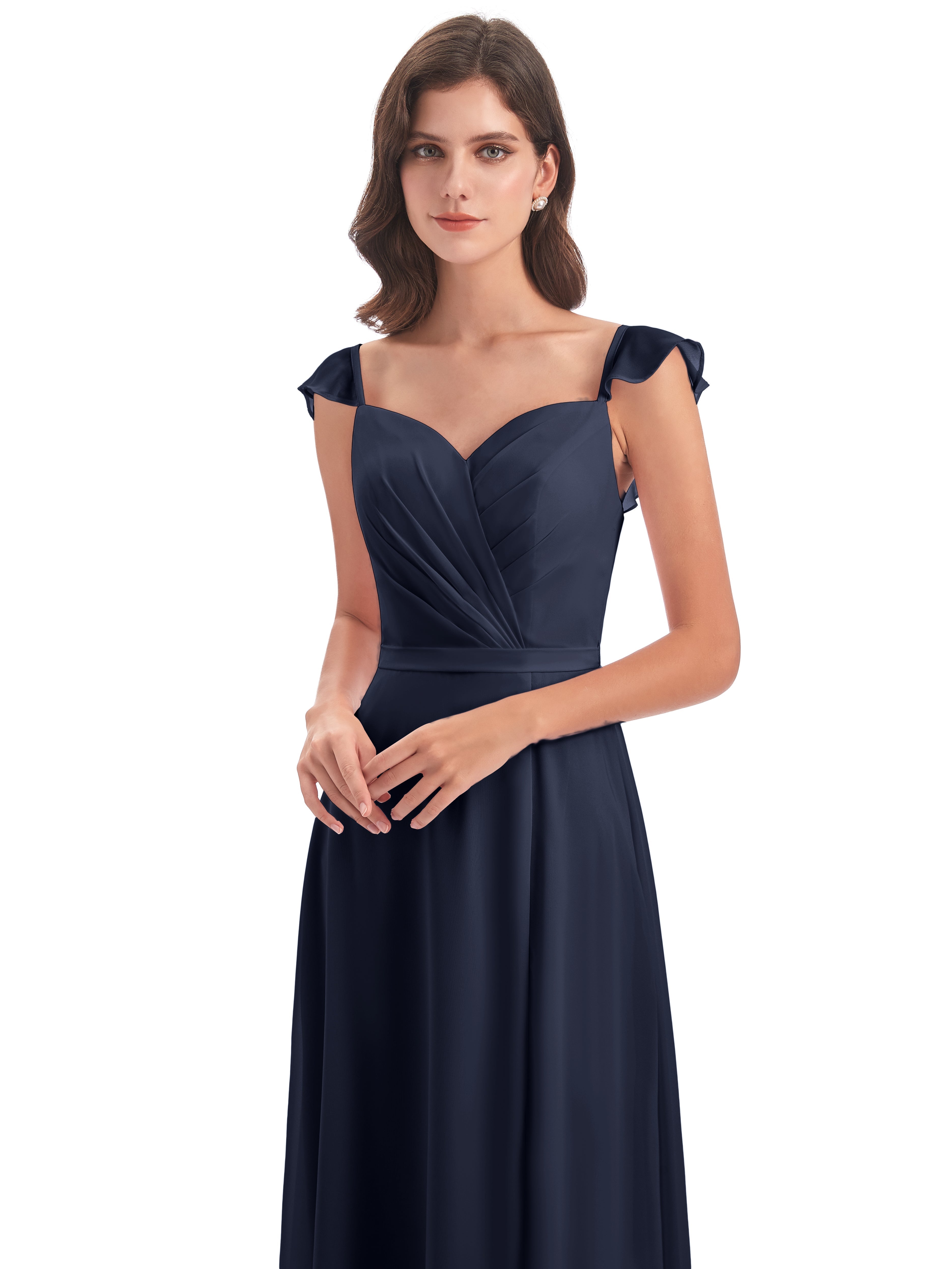 Robe De Demoiselle D Honneur Bleu Marine Fourreau/Colonne Mancherons Fendue Devant Robes Demoiselle D'Honneur