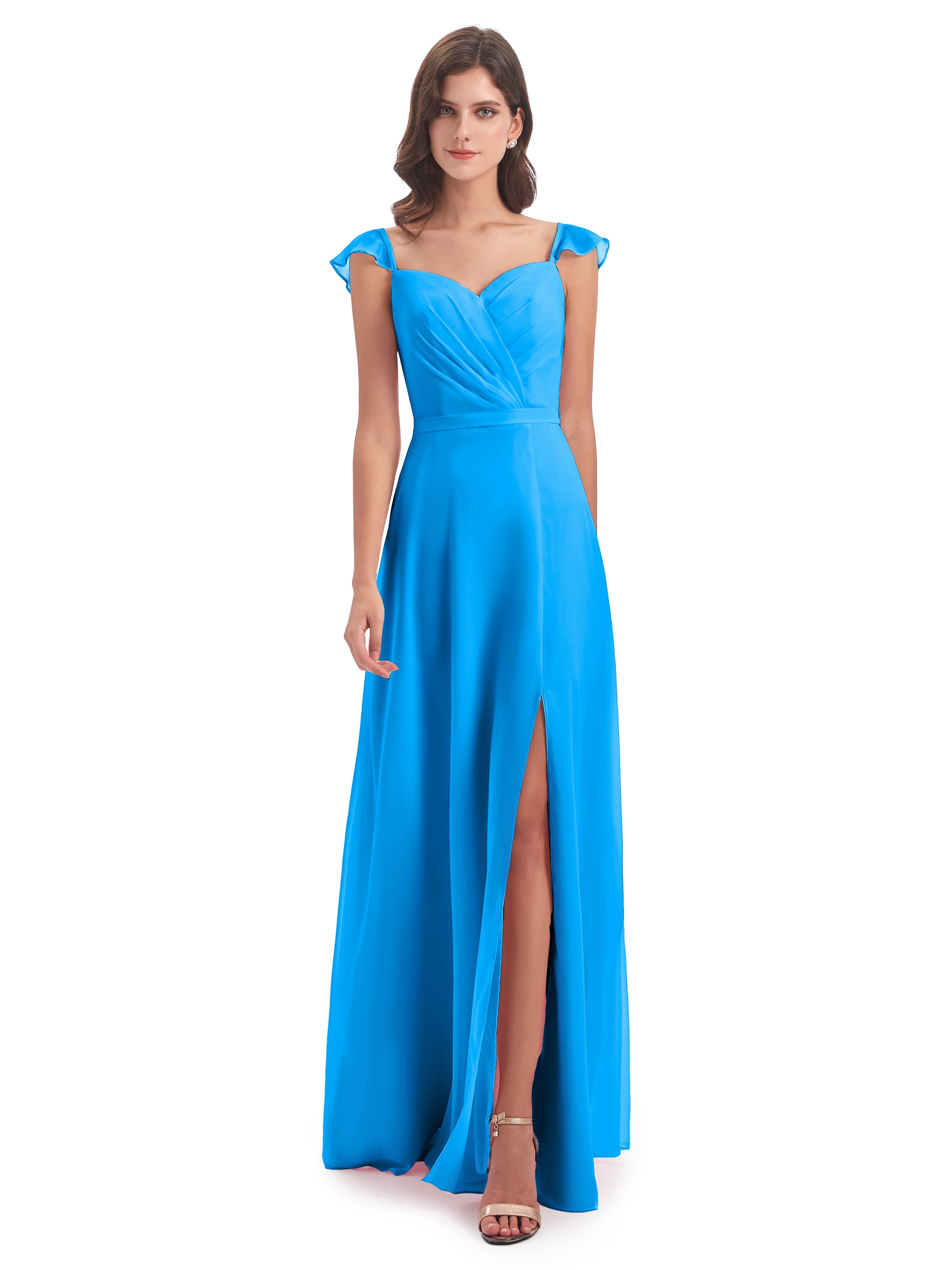 Robes De Demoiselle D'Honneur Bleu Océan Fourreau/Colonne Mancherons Fendue Devant Robes Demoiselle D'Honneur