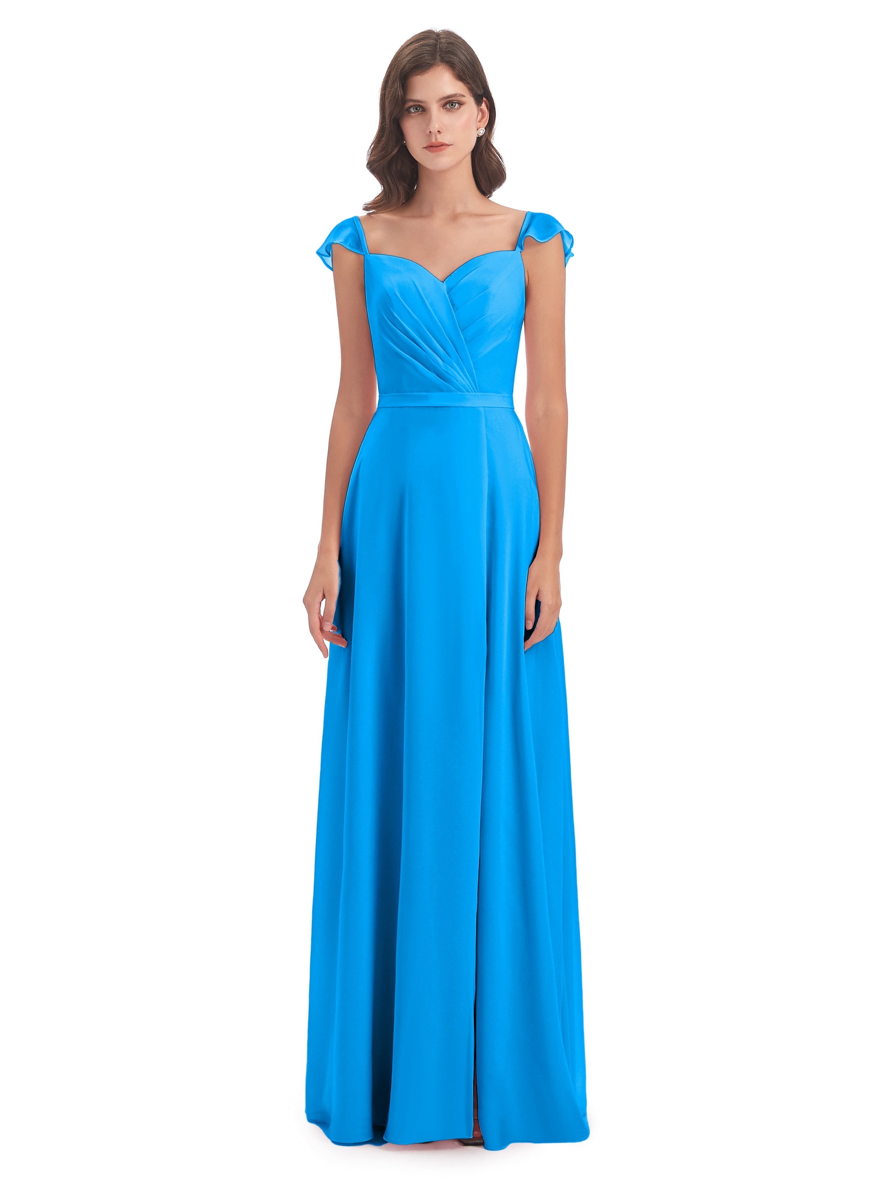 Robes De Demoiselle D'Honneur Bleu Océan Fourreau/Colonne Mancherons Fendue Devant Robes Demoiselle D'Honneur