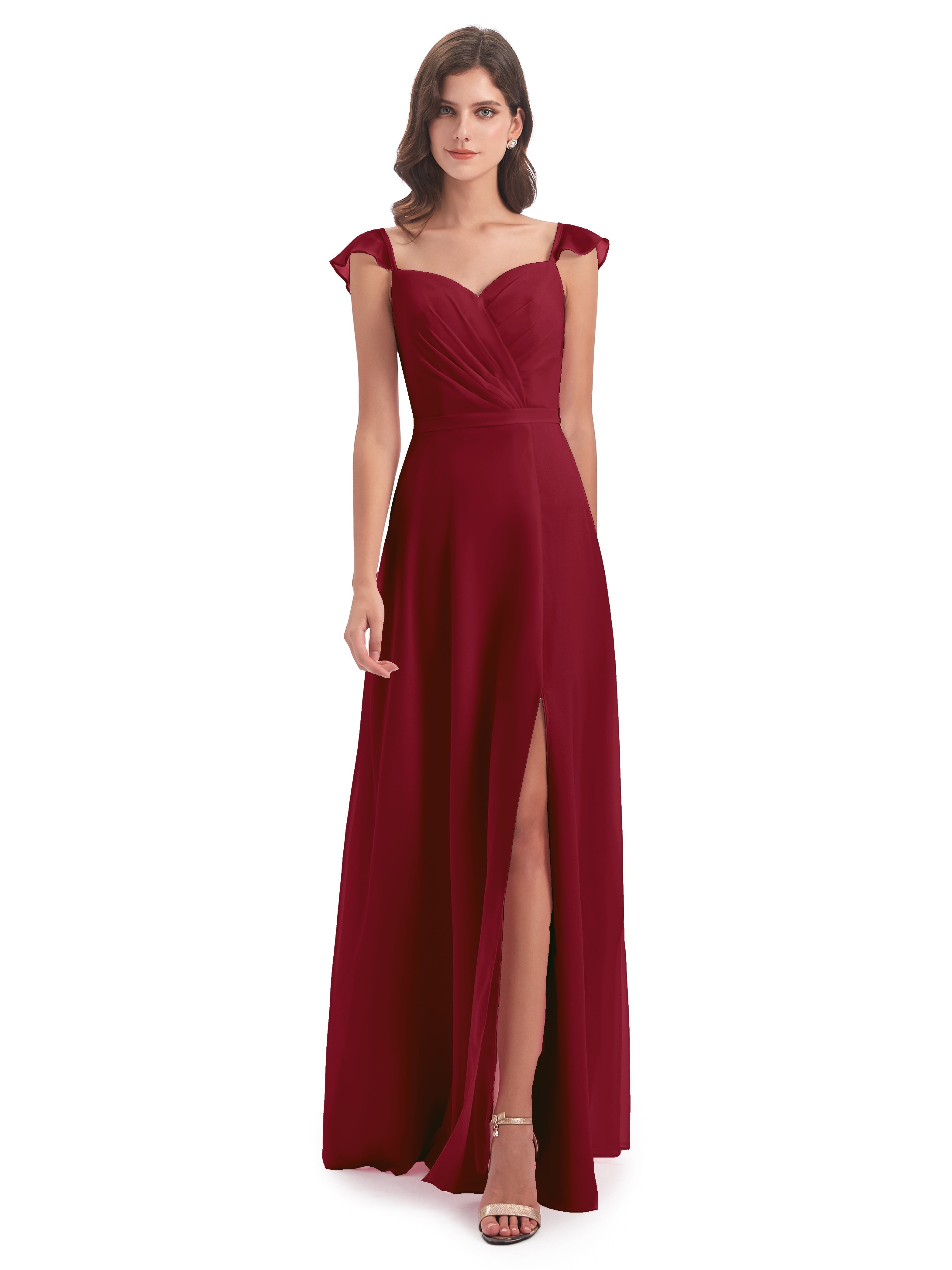 Robes Demoiselle D Honneur Bordeaux Fourreau/Colonne Mancherons Fendue Devant Robes Demoiselle D'Honneur