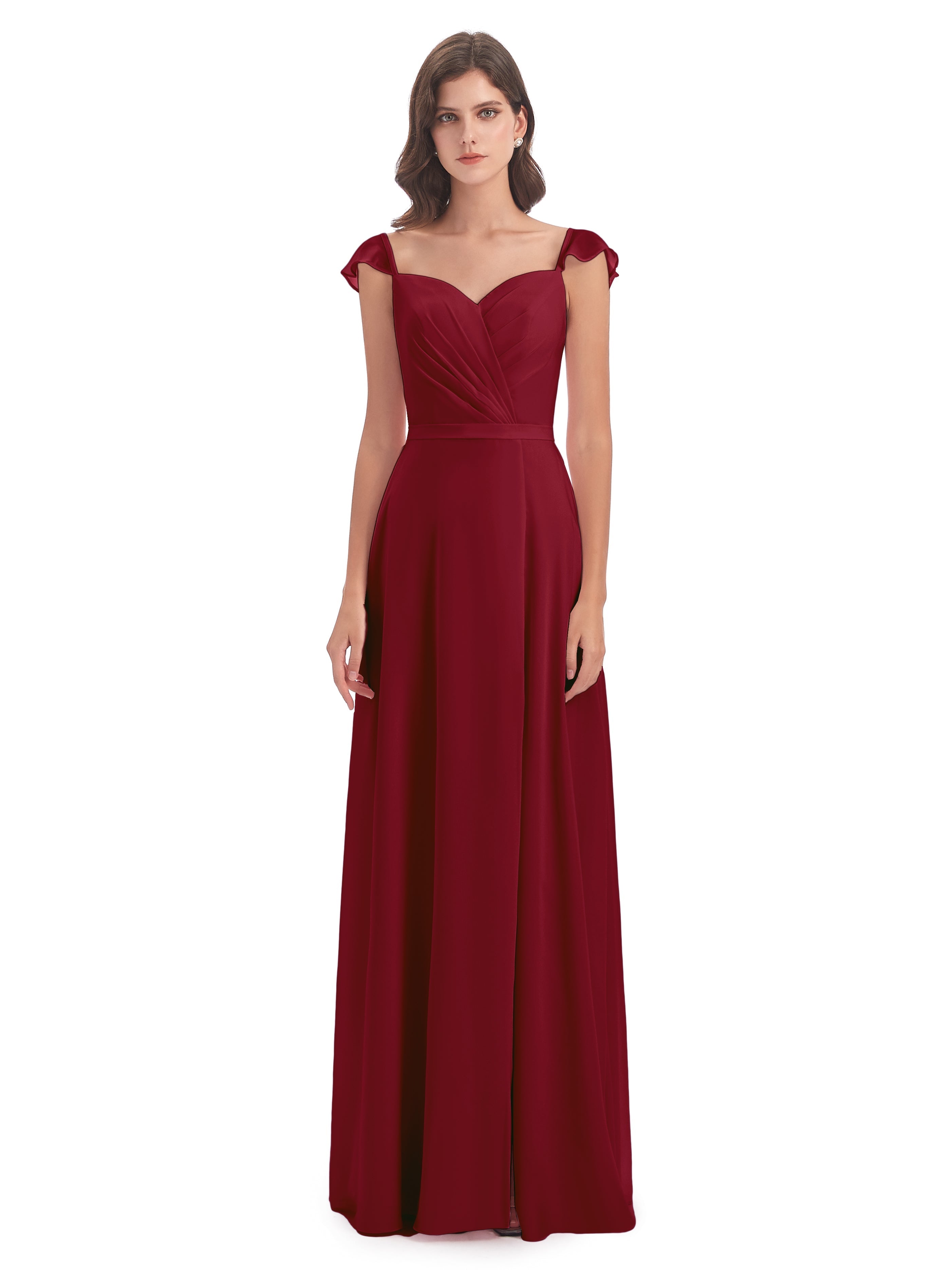 Robes Demoiselle D Honneur Bordeaux Fourreau/Colonne Mancherons Fendue Devant Robes Demoiselle D'Honneur