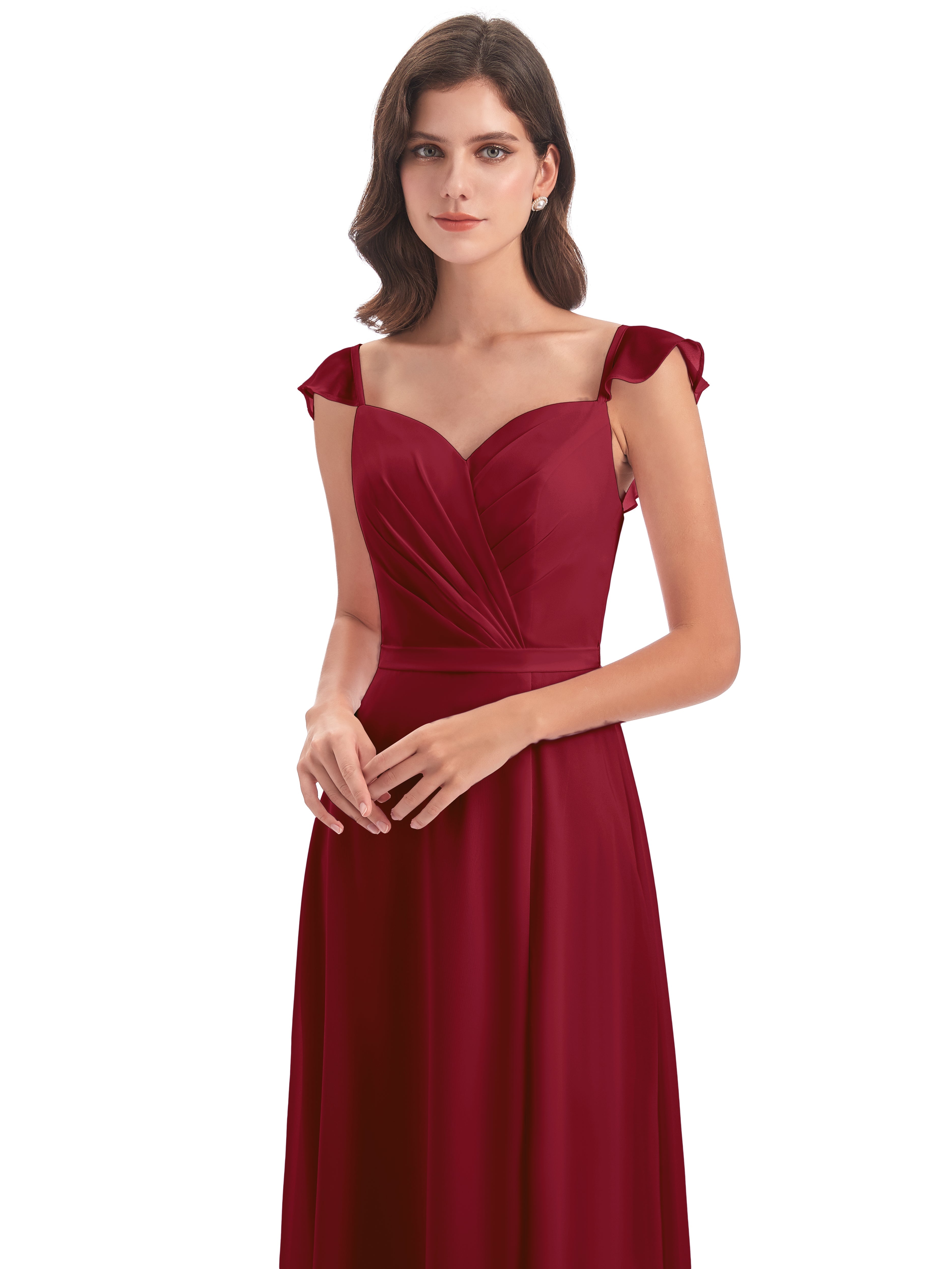 Robes Demoiselle D Honneur Bordeaux Fourreau/Colonne Mancherons Fendue Devant Robes Demoiselle D'Honneur