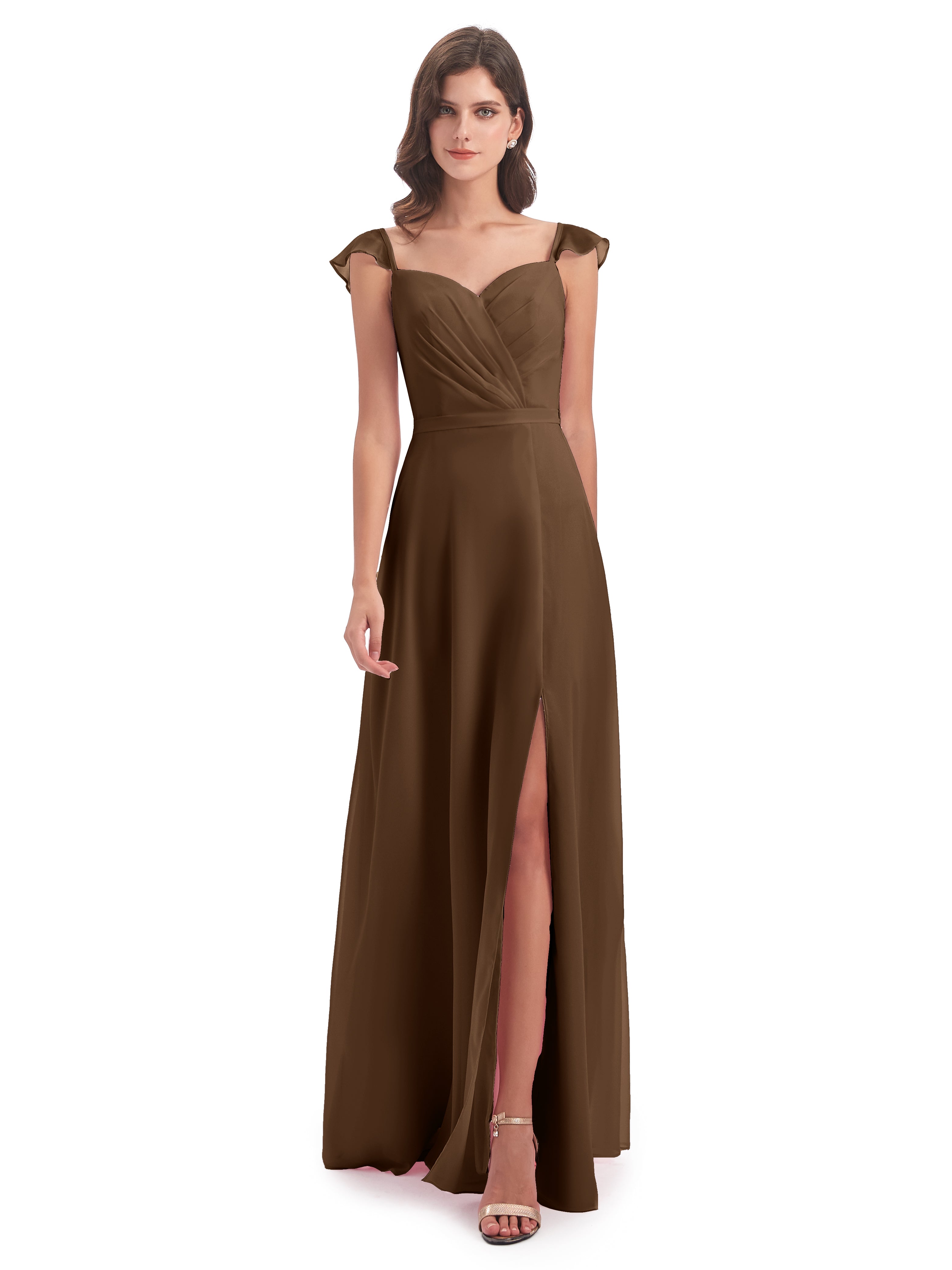 Robe Demoiselle D Honneur Brun Fourreau/Colonne Mancherons Fendue Devant Robes Demoiselle D'Honneur