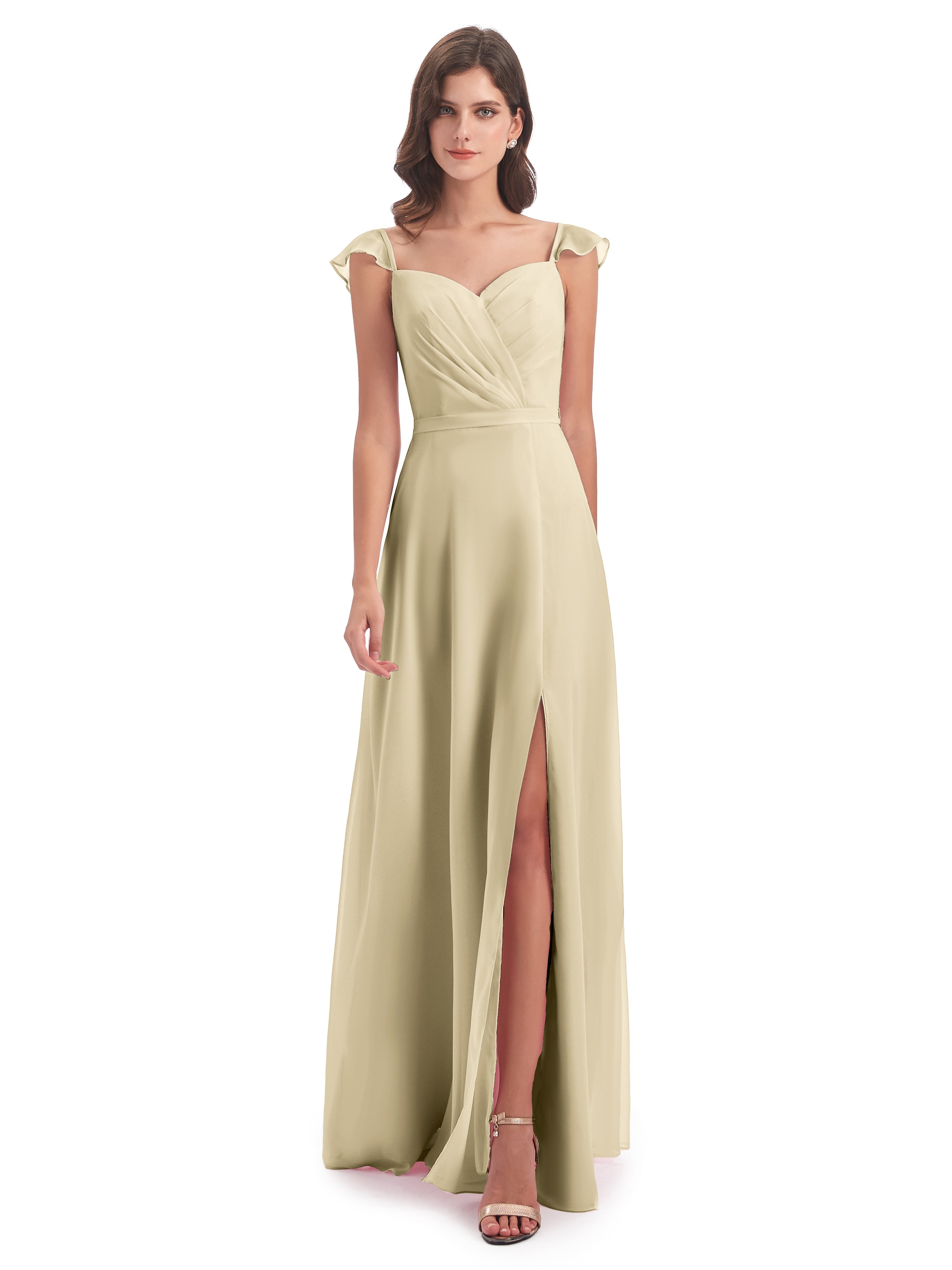 Demoiselle D Honneur Champagne Fourreau/Colonne Mancherons Fendue Devant Robes Demoiselle D'Honneur
