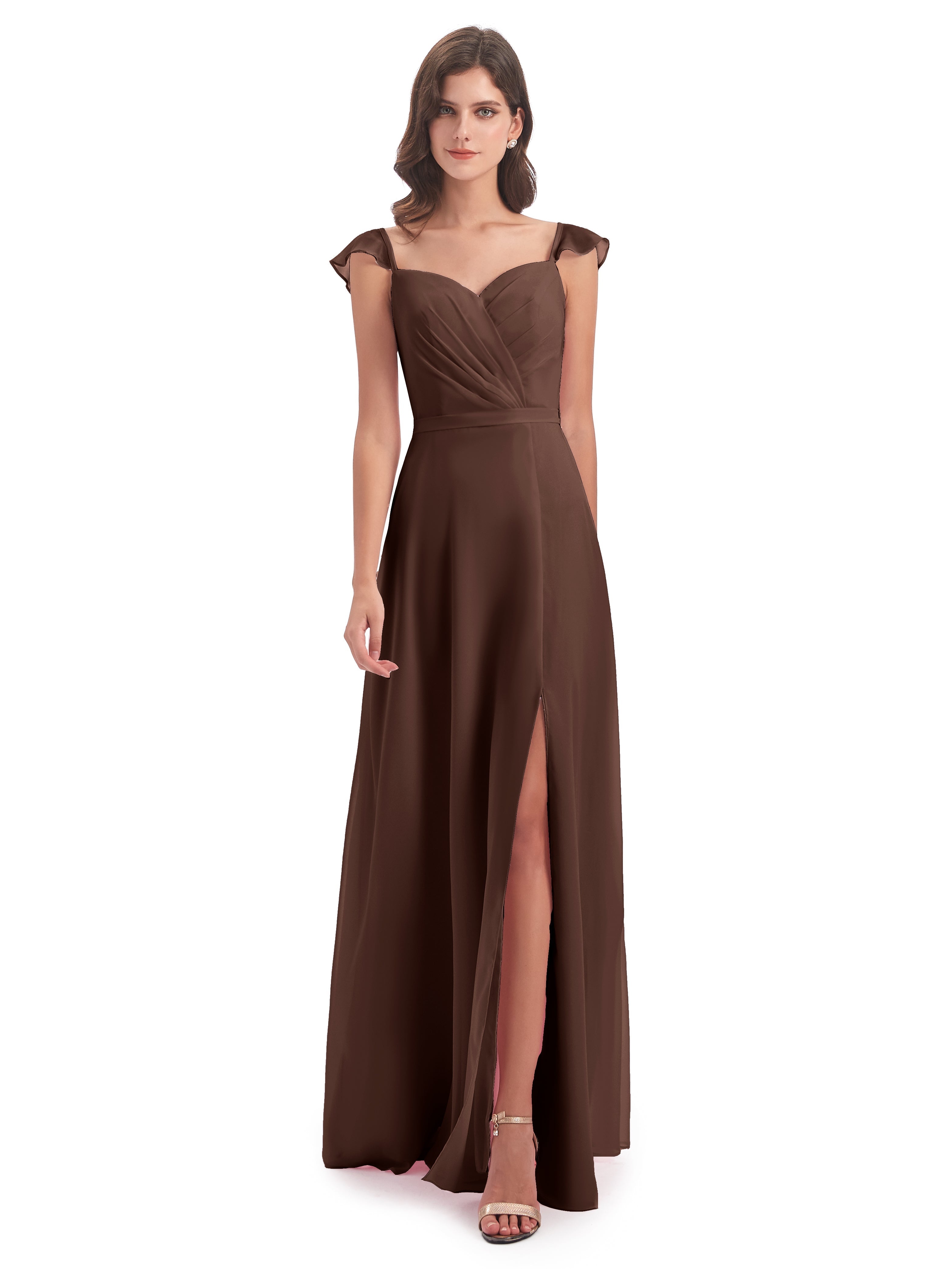 Robe De Demoiselle D Honneur Chocolat Fourreau/Colonne Mancherons Fendue Devant Robes Demoiselle D'Honneur