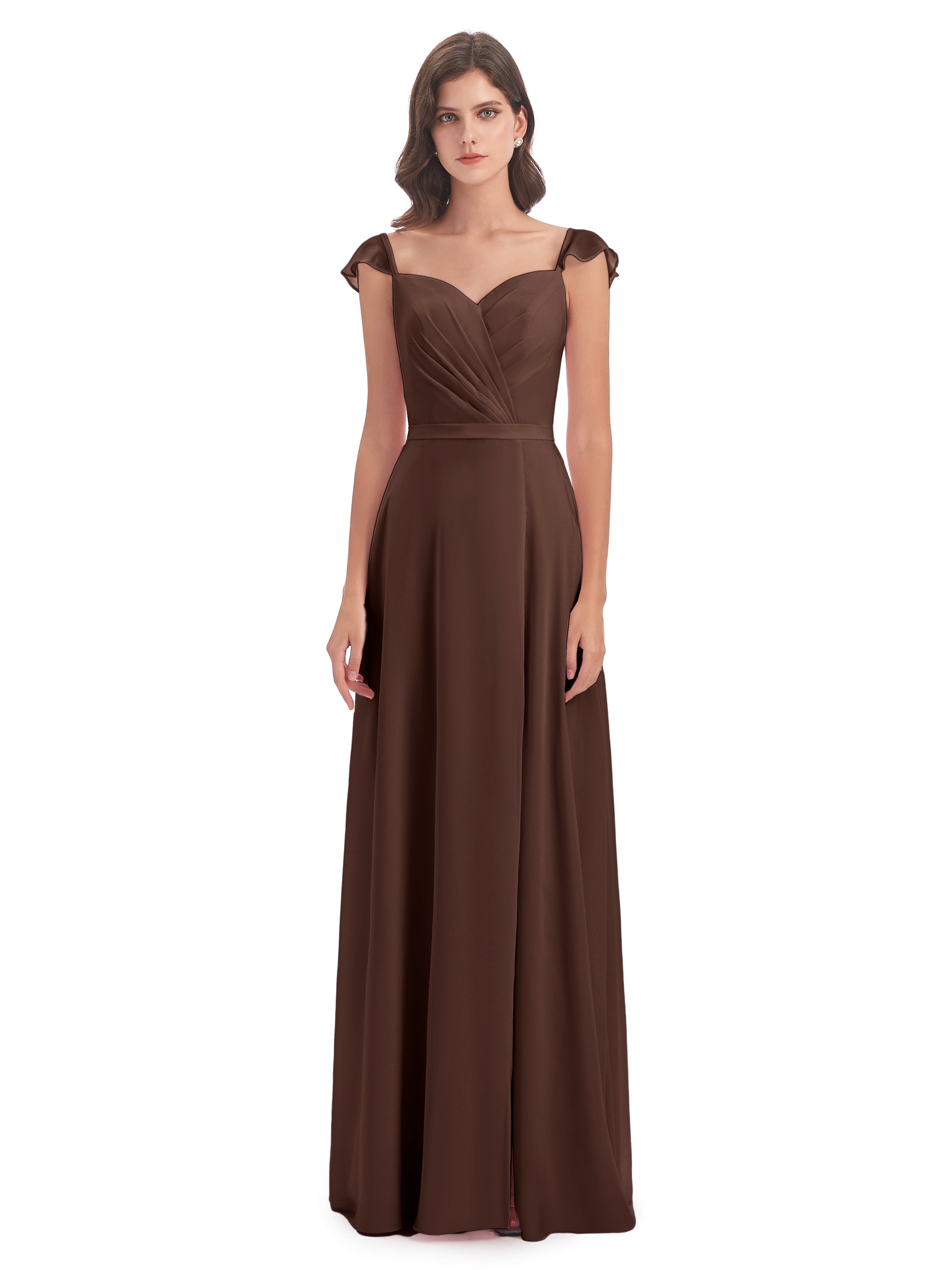 Robe De Demoiselle D Honneur Chocolat Fourreau/Colonne Mancherons Fendue Devant Robes Demoiselle D'Honneur