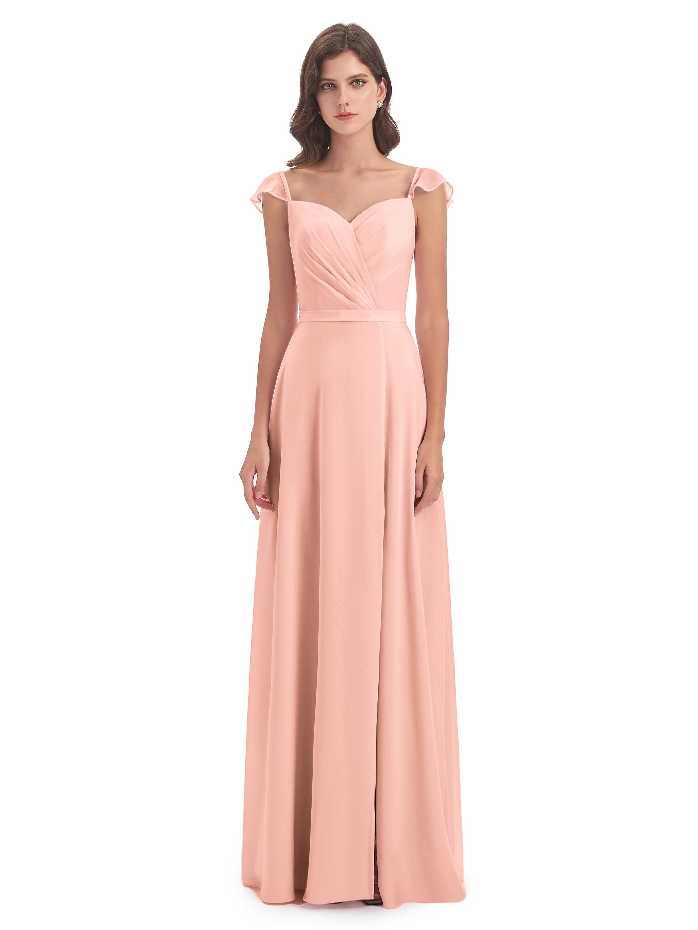 Robes Demoiselles D Honneur Corail Fourreau/Colonne Mancherons Fendue Devant Robes Demoiselle D'Honneur
