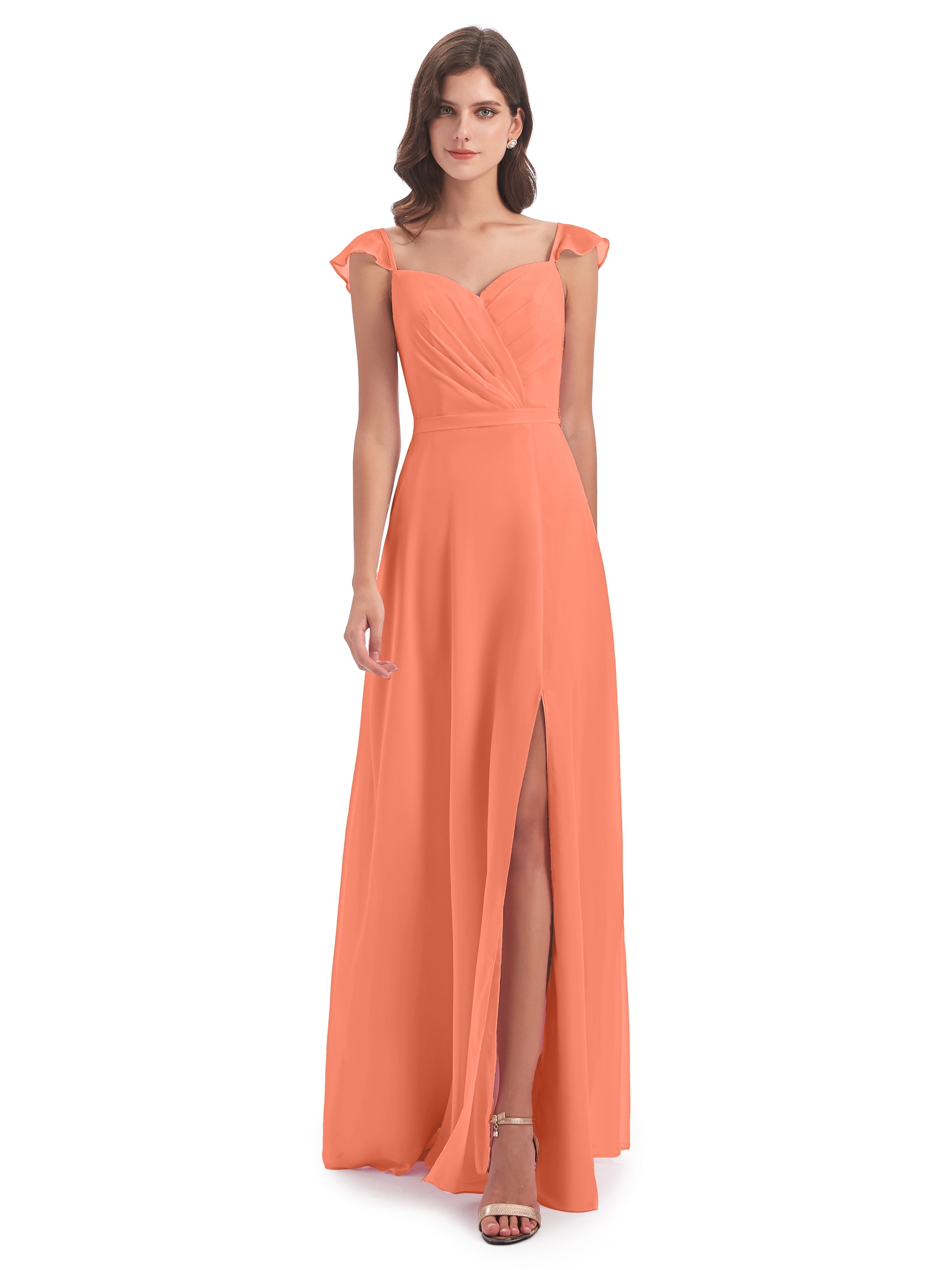 Robes De Demoiselle D'Honneur Coucher De Soleil Fourreau/Colonne Mancherons Fendue Devant Robes Demoiselle D'Honneur