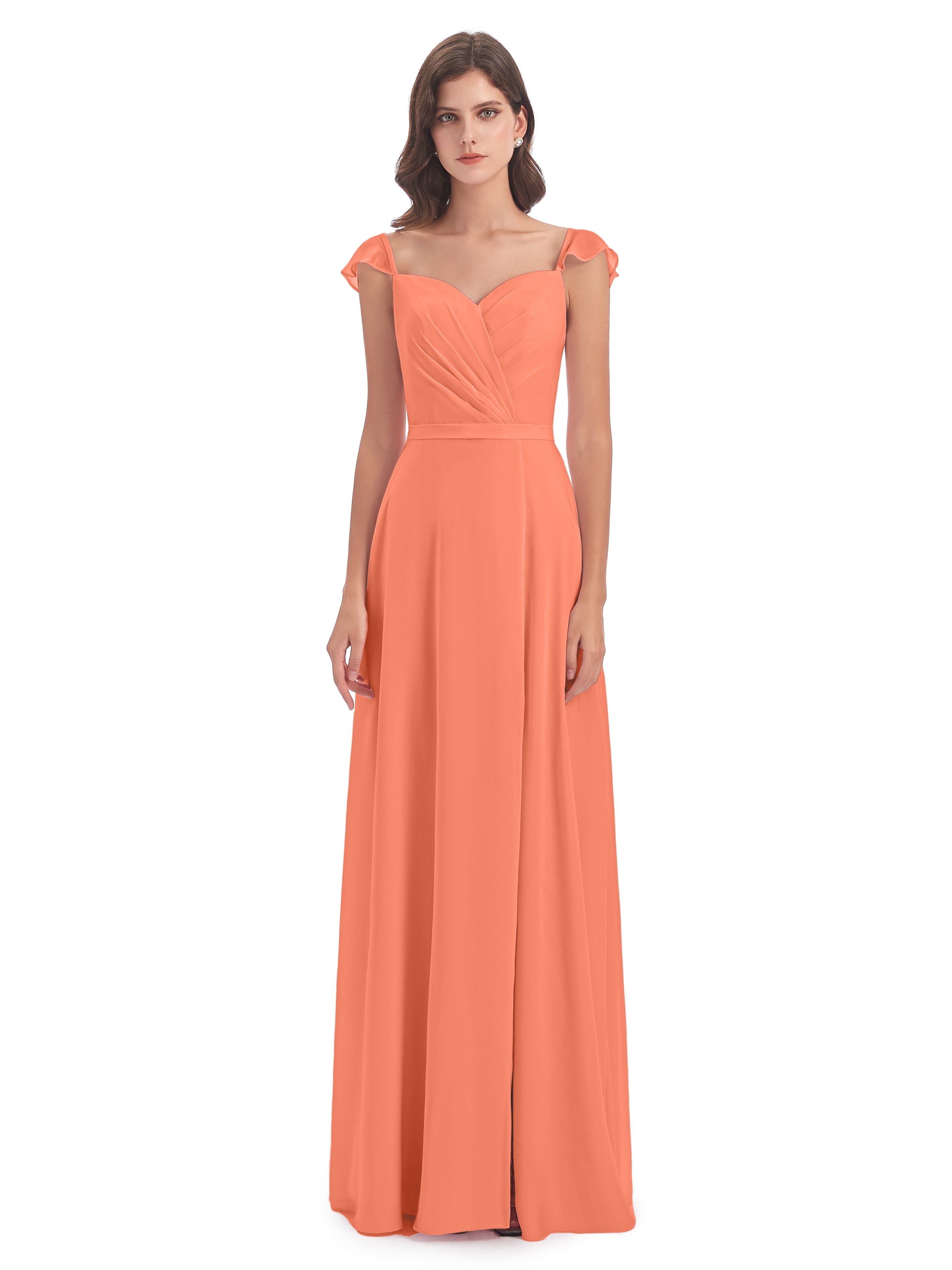 Robes De Demoiselle D'Honneur Coucher De Soleil Fourreau/Colonne Mancherons Fendue Devant Robes Demoiselle D'Honneur